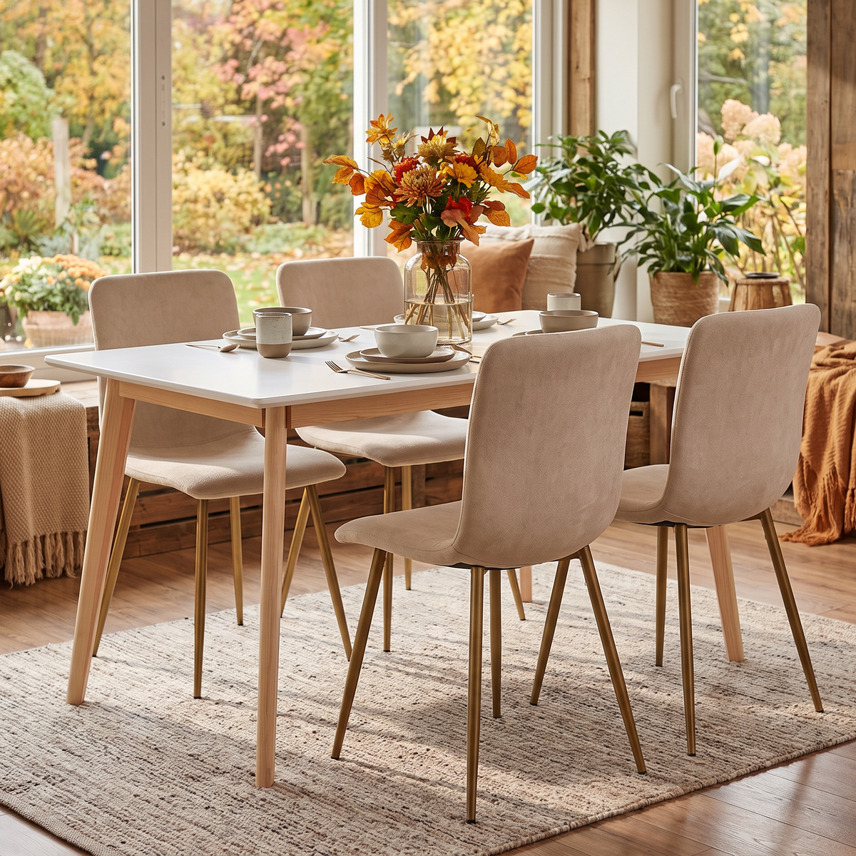Homy Casa CURRENCY+SCARGILL 5PC Dining Set 47.2" Table with 4 Scargill Beige Fabric Chairs in White and Gold Open Box