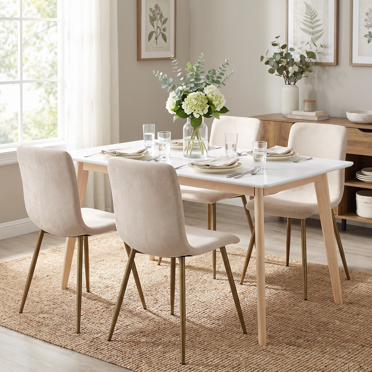 Homy Casa CURRENCY+SCARGILL 5PC Dining Set 47.2" Table with 4 Scargill Beige Fabric Chairs in White and Gold Open Box