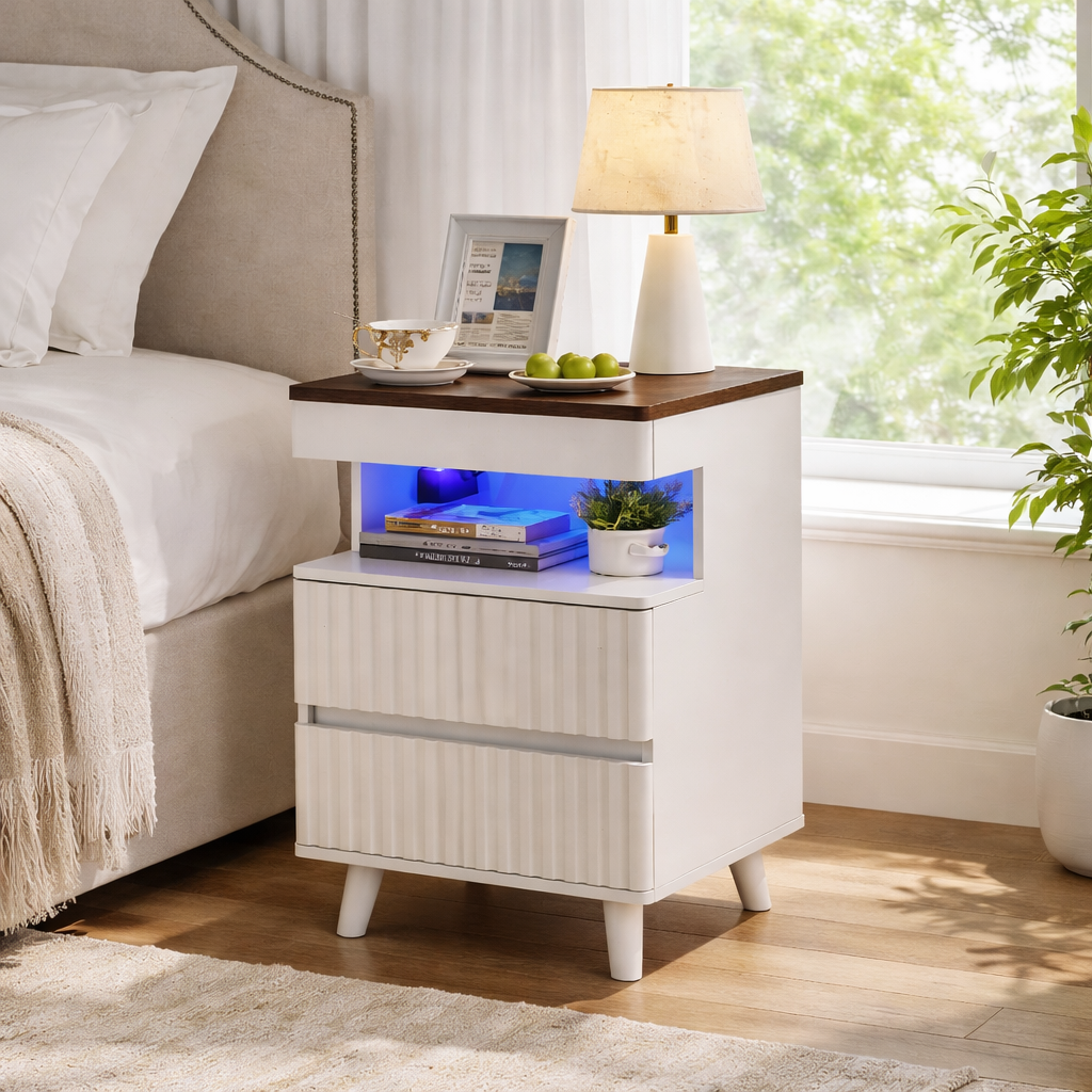 Calven Modern Wood Nightstand with Charging Station and 2 Drawers