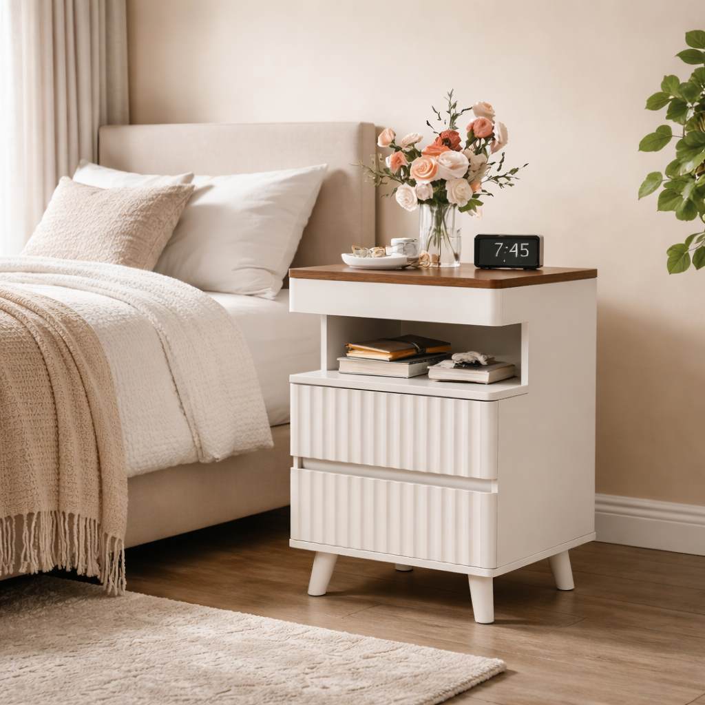 Calven Modern Wood Nightstand with Charging Station and 2 Drawers