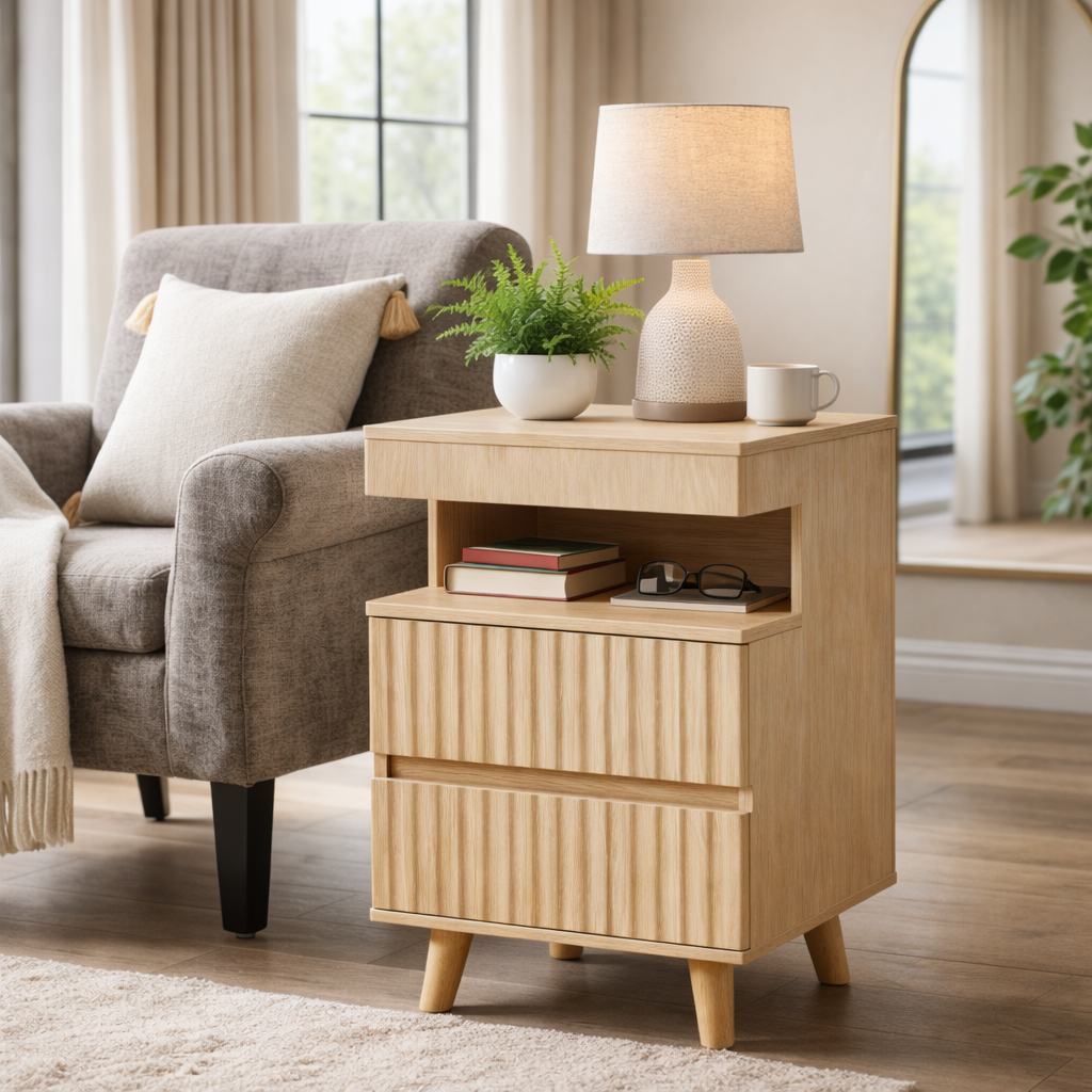 Calven Modern Wood Nightstand with Charging Station and 2 Drawers
