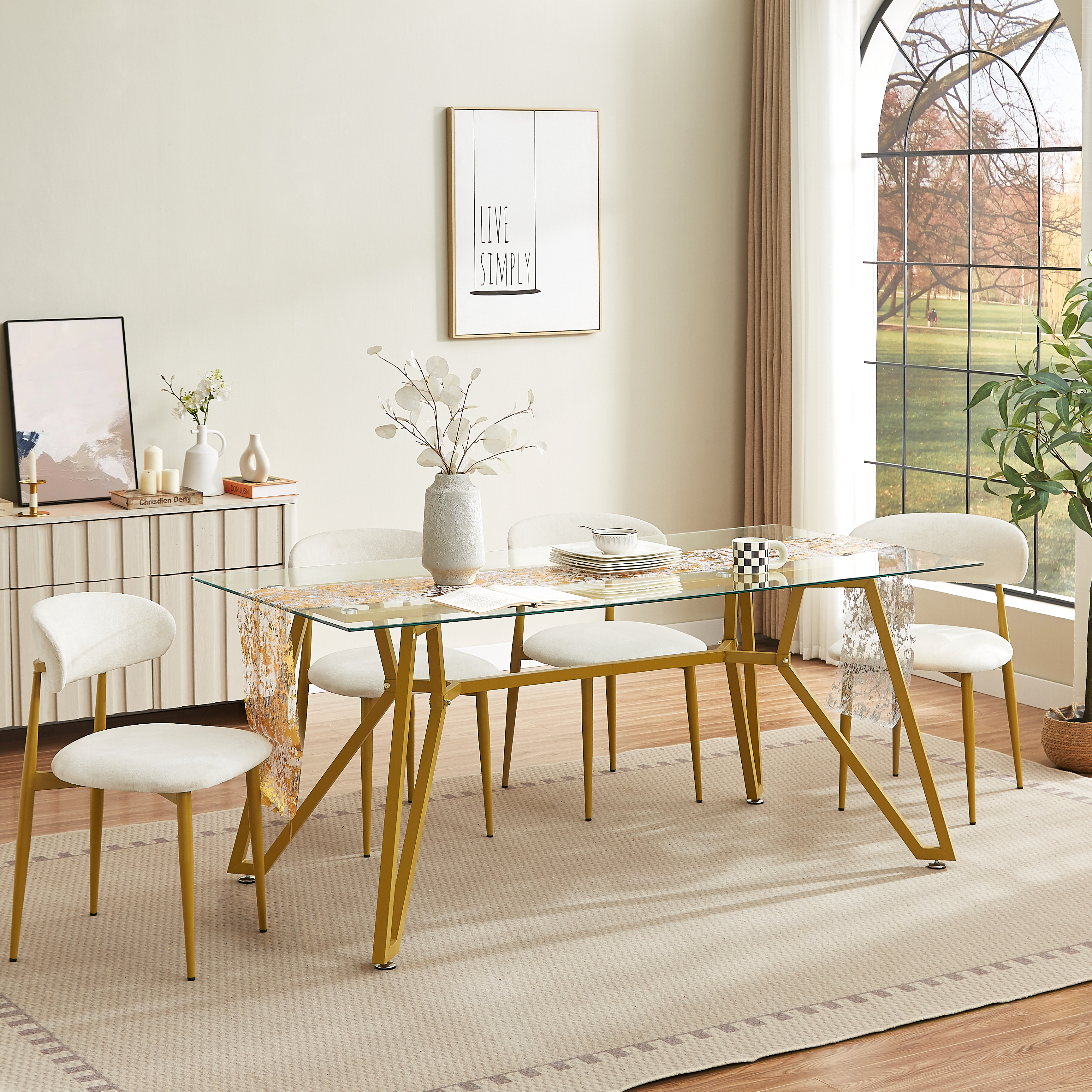 Caspian 71" Modern Rectangular Glass Dining Table with Gold Metal Base