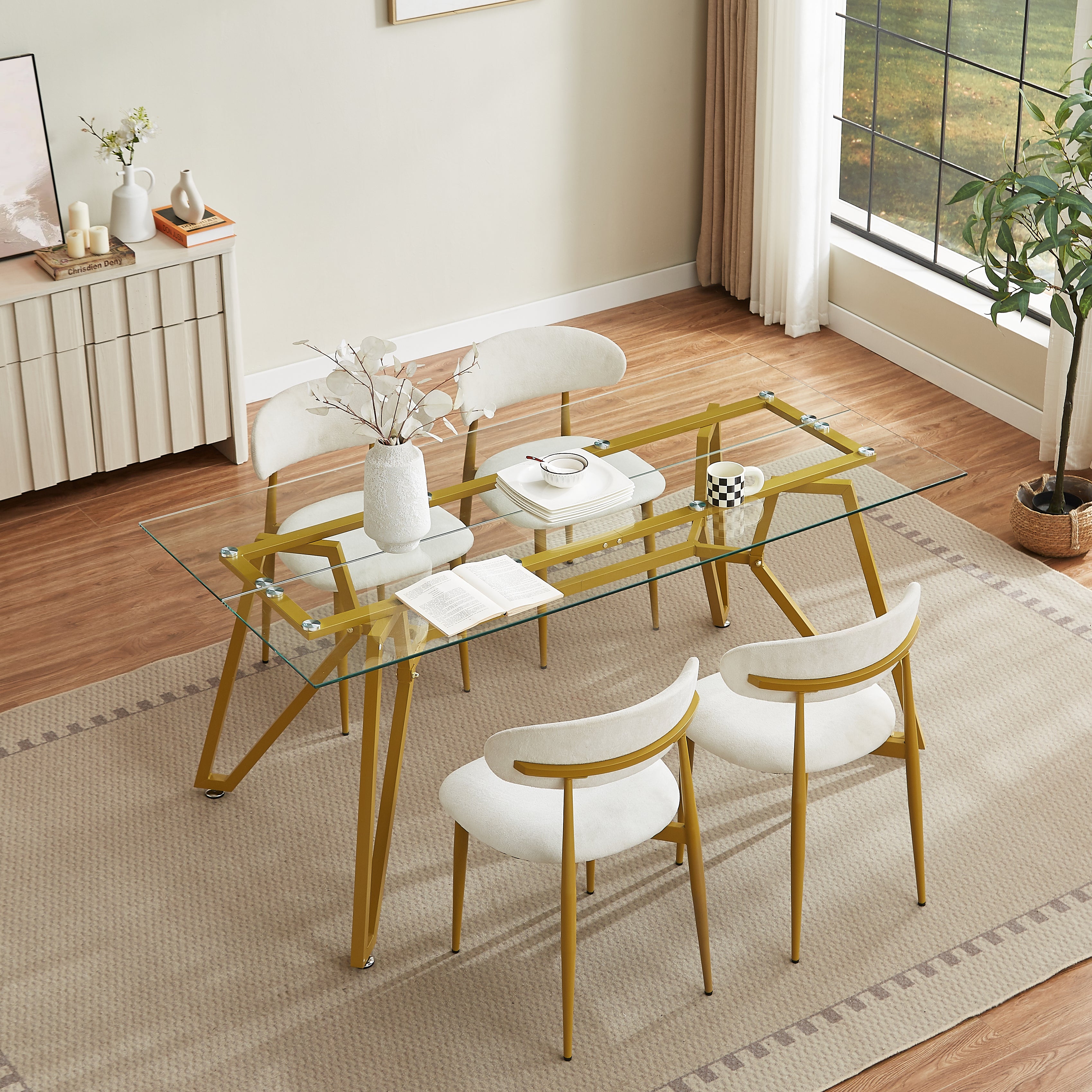 Caspian 71" Modern Rectangular Glass Dining Table with Gold Metal Base
