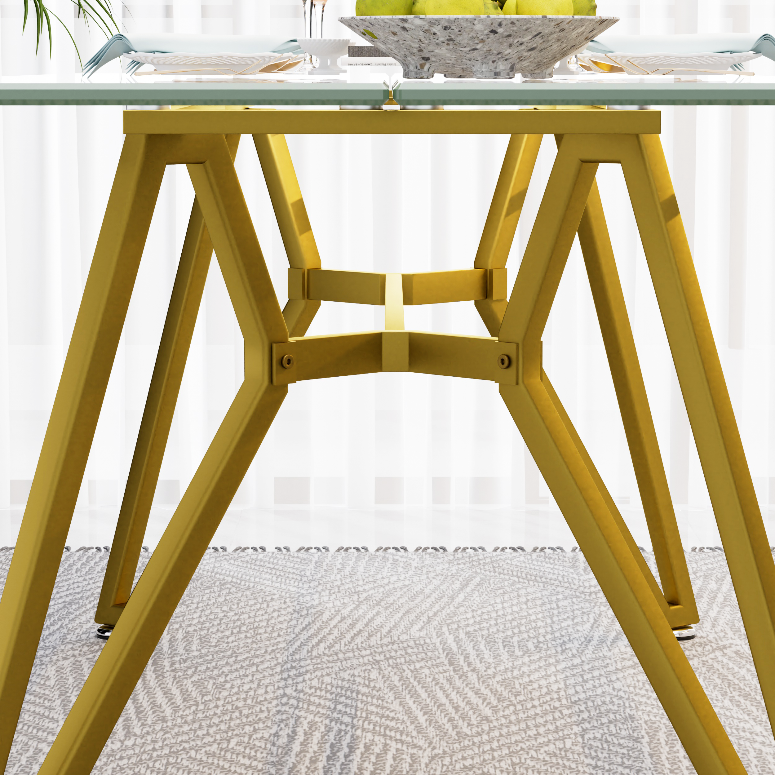 Caspian 71" Modern Rectangular Glass Dining Table with Gold Metal Base