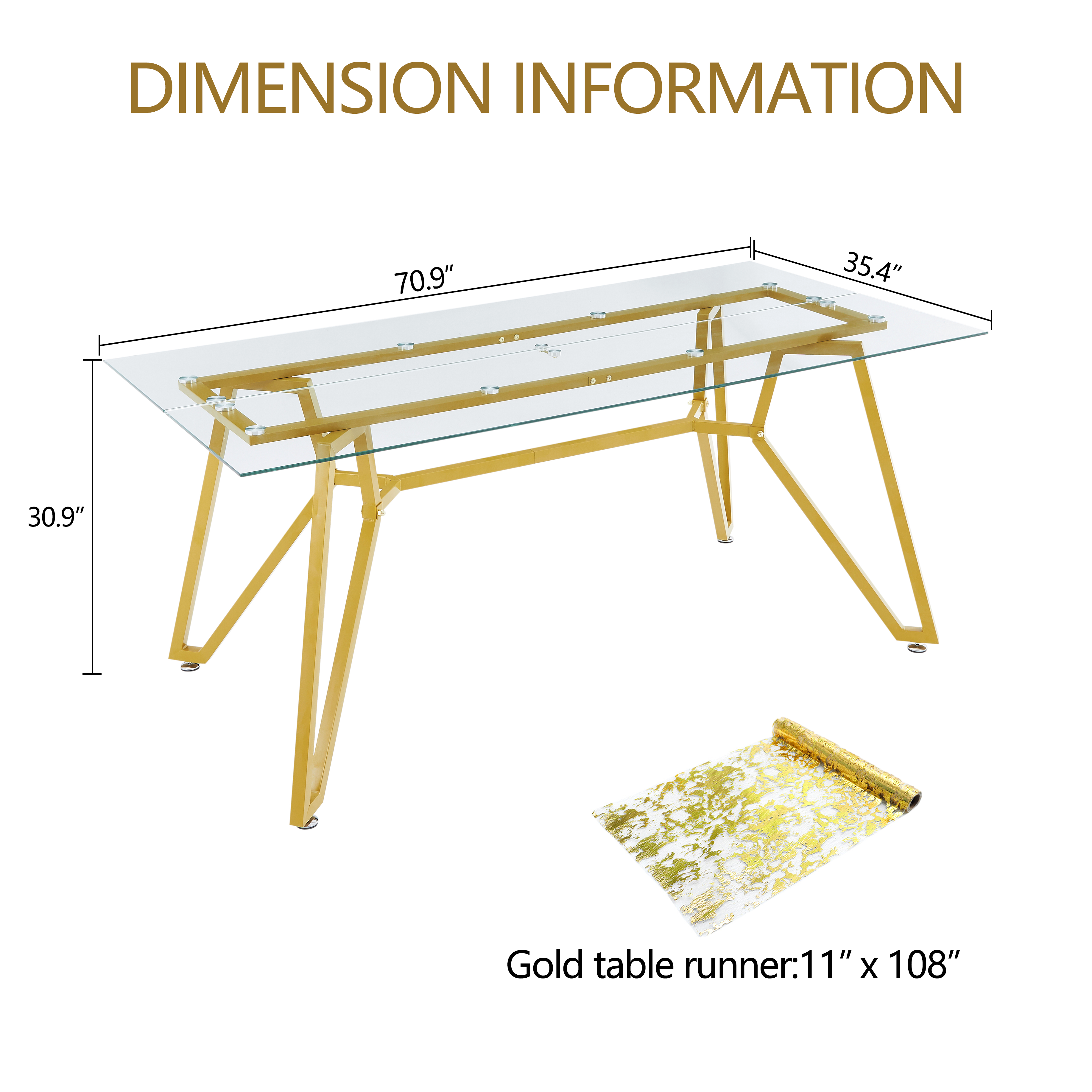 Caspian 71" Modern Rectangular Glass Dining Table with Gold Metal Base