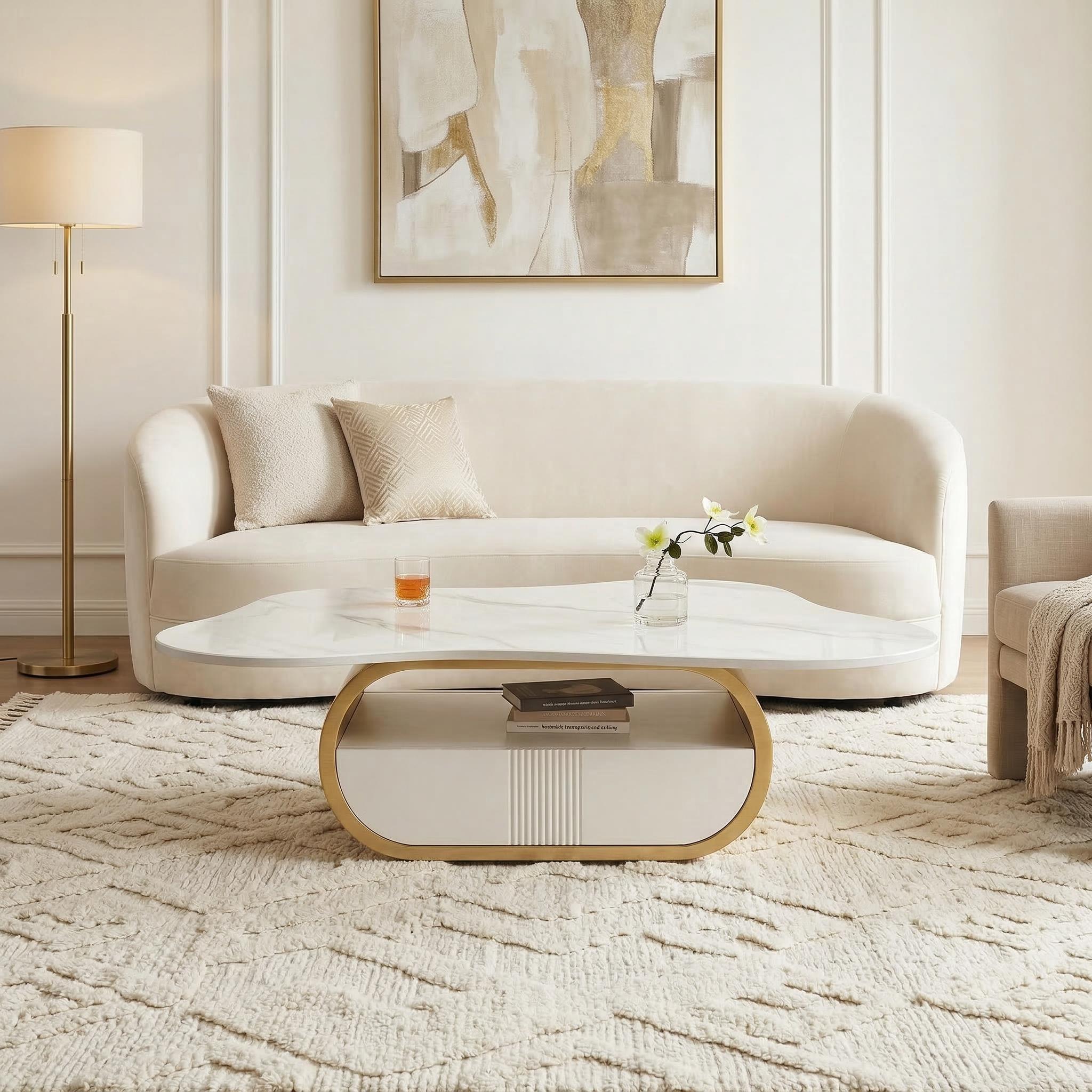 Chartres 42" Modern Coffee Table with Marble Look Top and Storage Drawer