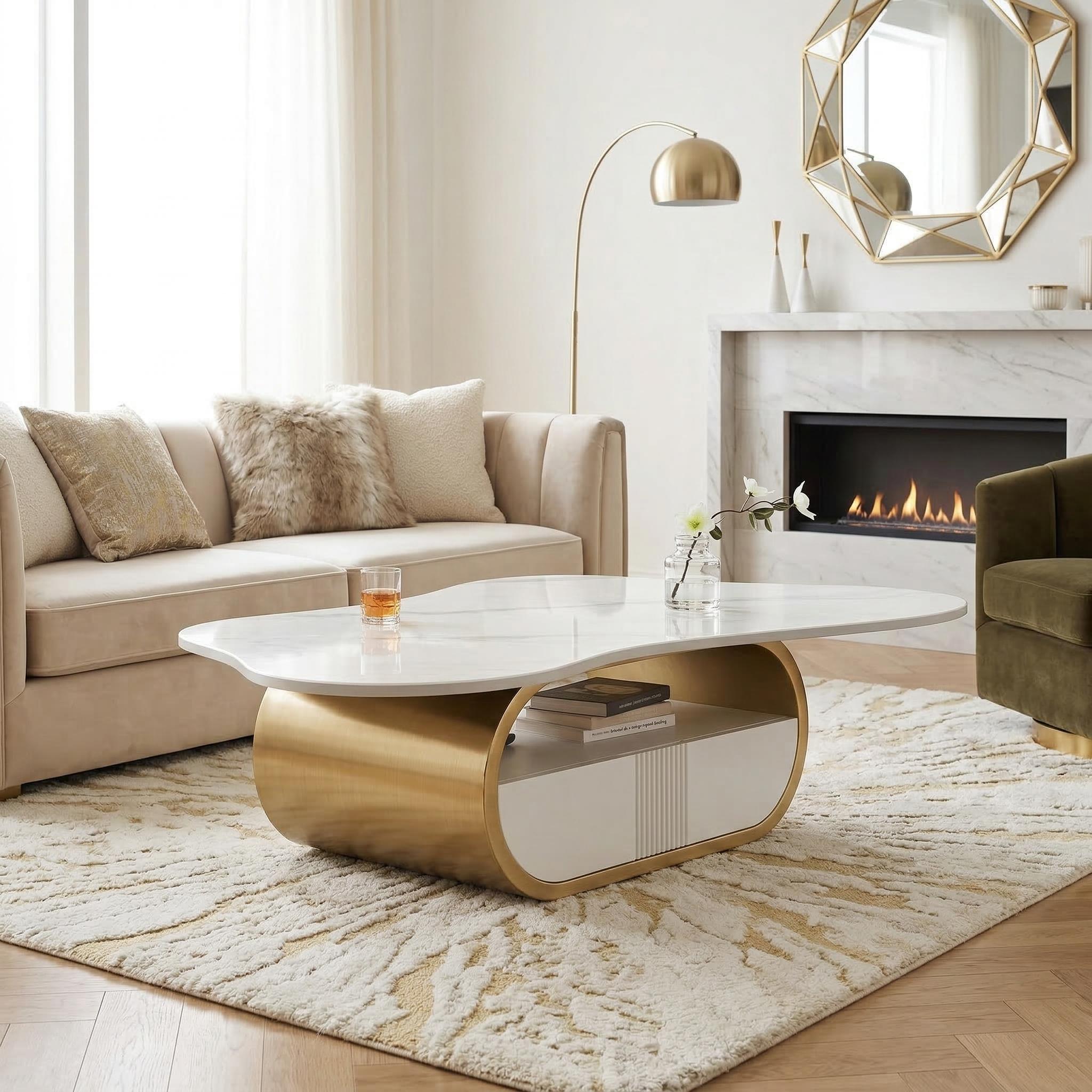 Chartres 42" Modern Coffee Table with Marble Look Top and Storage Drawer