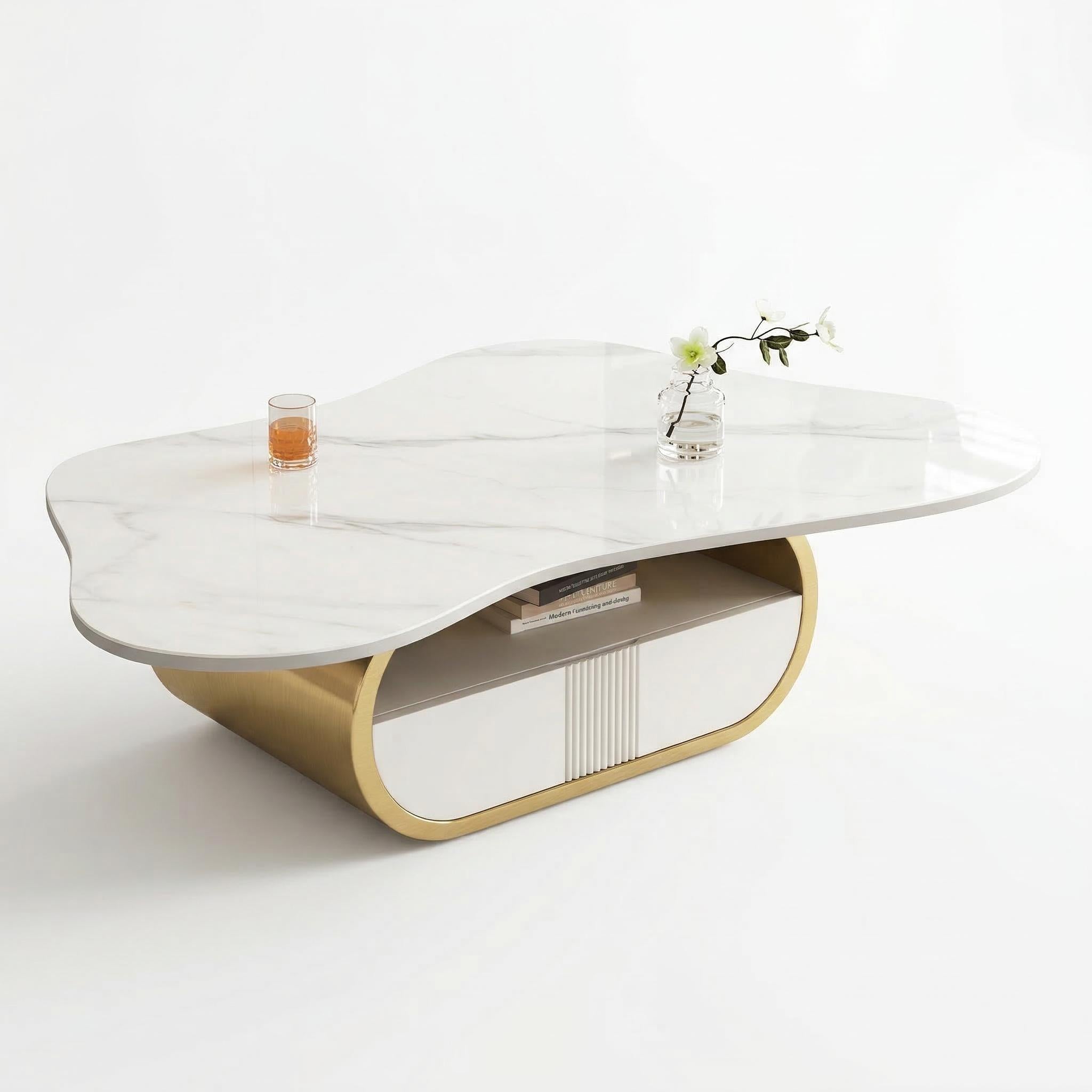 Chartres 42" Modern Coffee Table with Marble Look Top and Storage Drawer