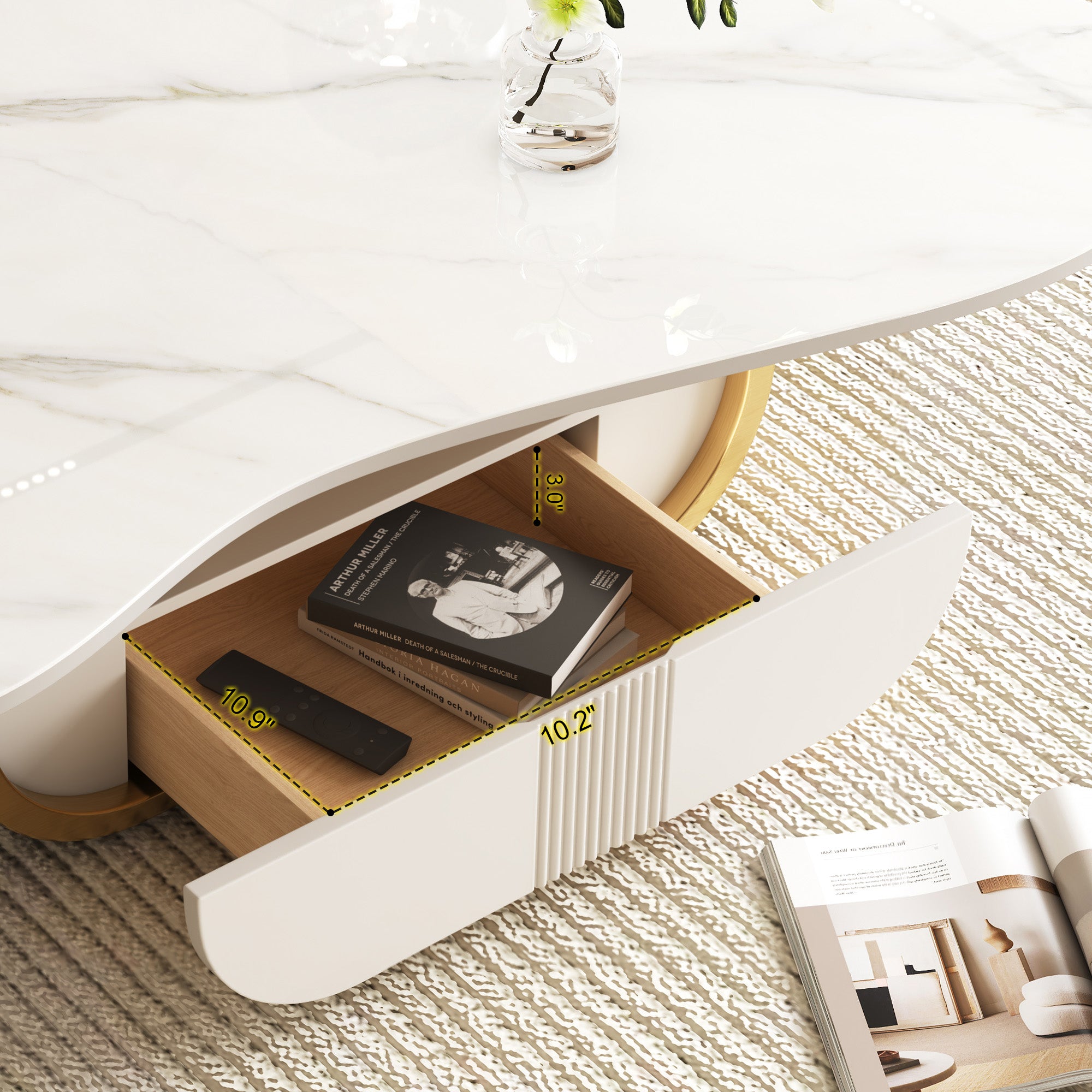 Chartres 42" Modern Coffee Table with Marble Look Top and Storage Drawer