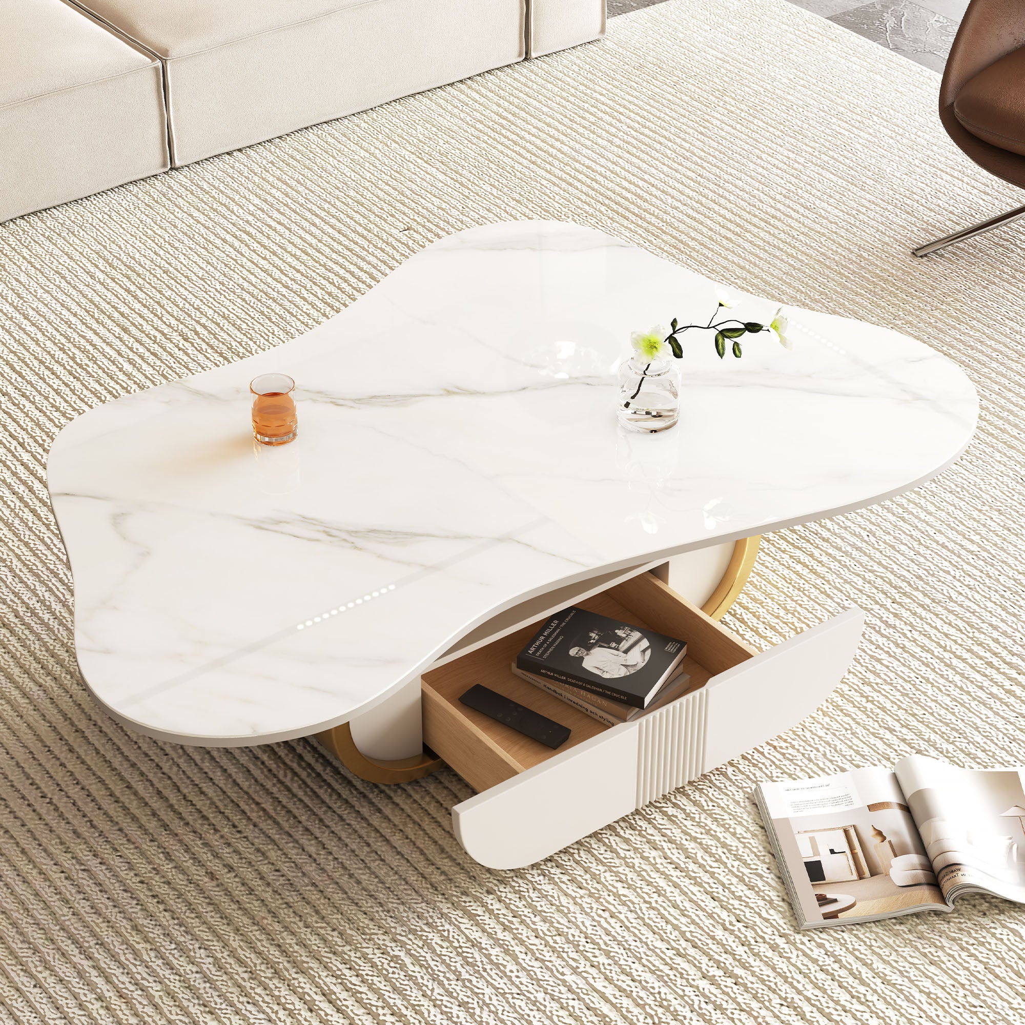 Chartres 42" Modern Coffee Table with Marble Look Top and Storage Drawer