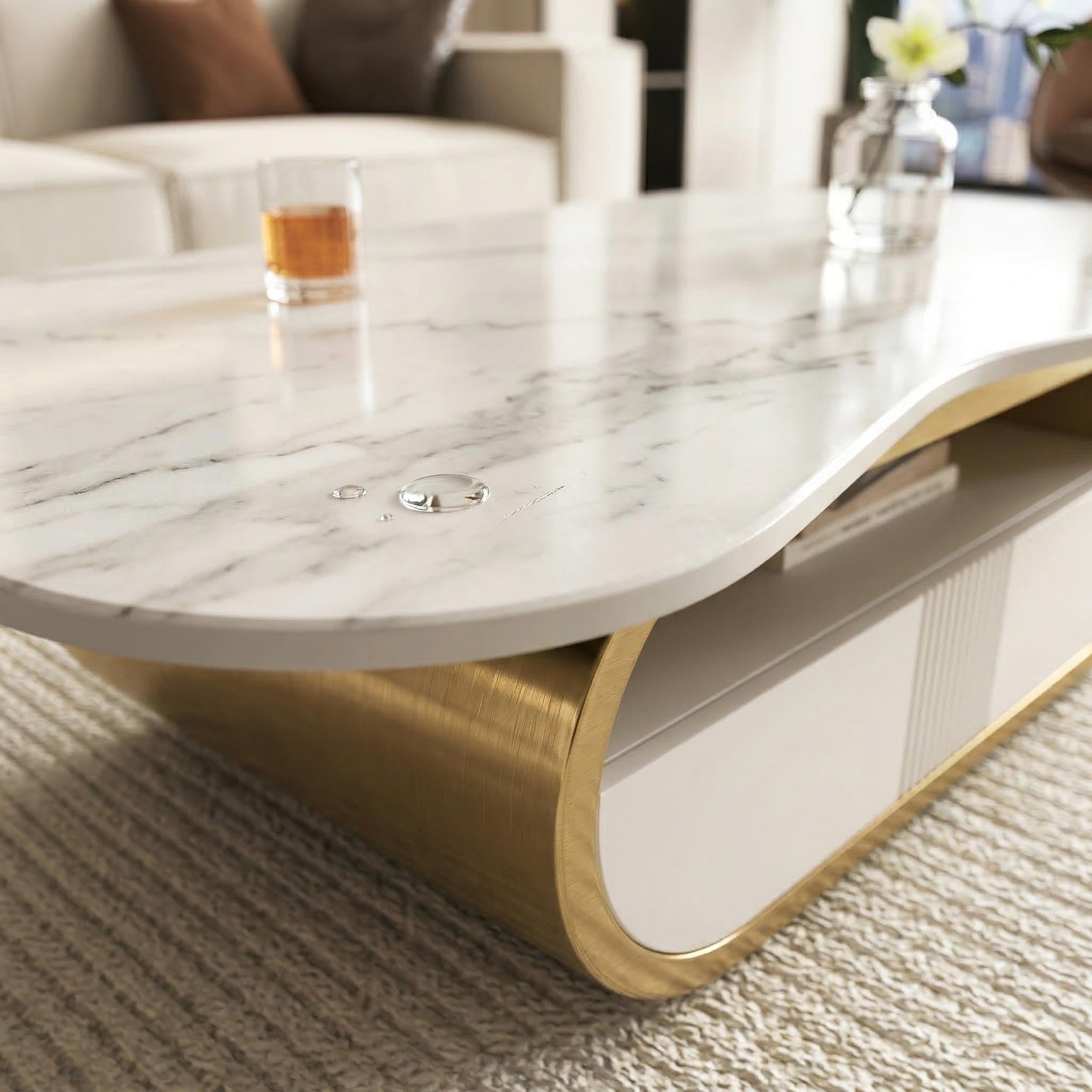 Chartres 42" Modern Coffee Table with Marble Look Top and Storage Drawer