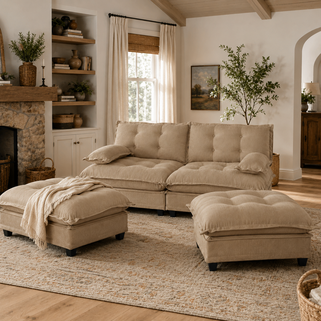 Chelsea 77" 4-Piece Cloud Tufted Chenille Modular Sofa Couch with Dual Ottomans