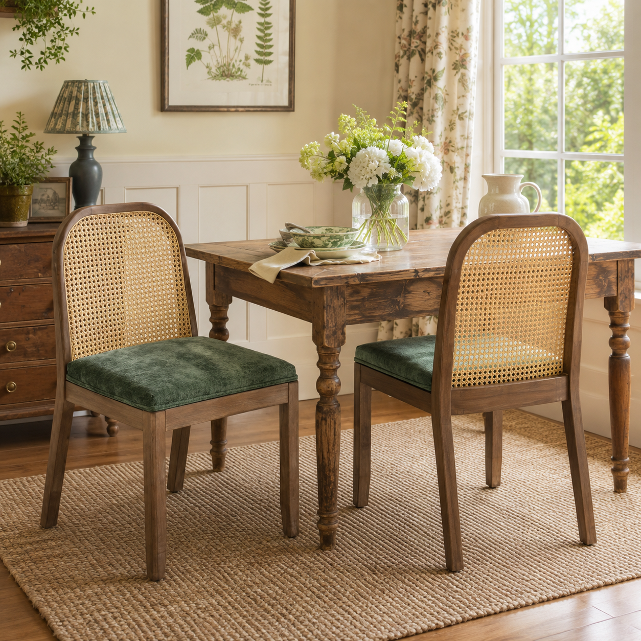 Turkana Cane Back Solid Wood Dining Chairs with Chenille Seat Set of 2