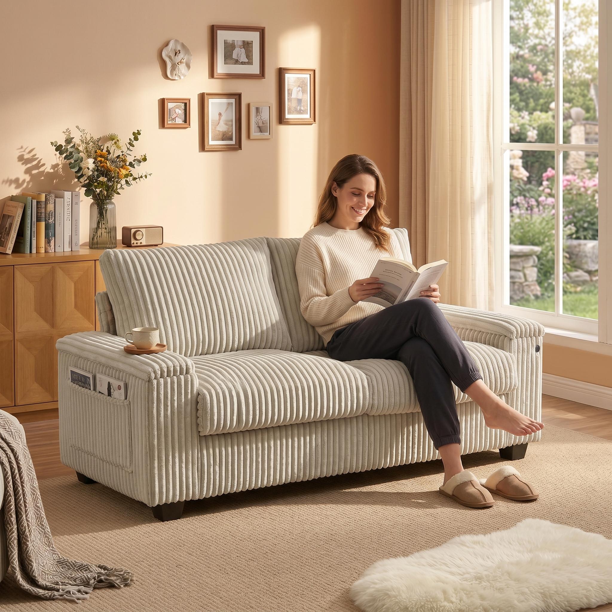 Brooklyn 71" Plush Corduroy Loveseat Sofa with Storage Armrests and USB Port