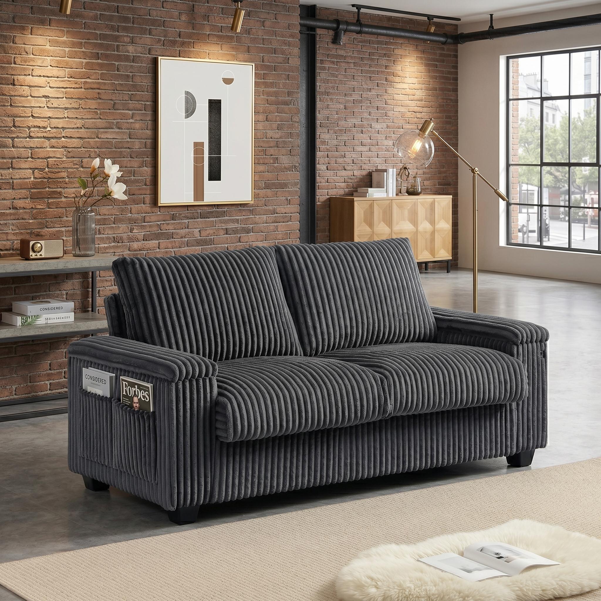 Brooklyn 71" Plush Corduroy Loveseat Sofa with Storage Armrests and USB Port