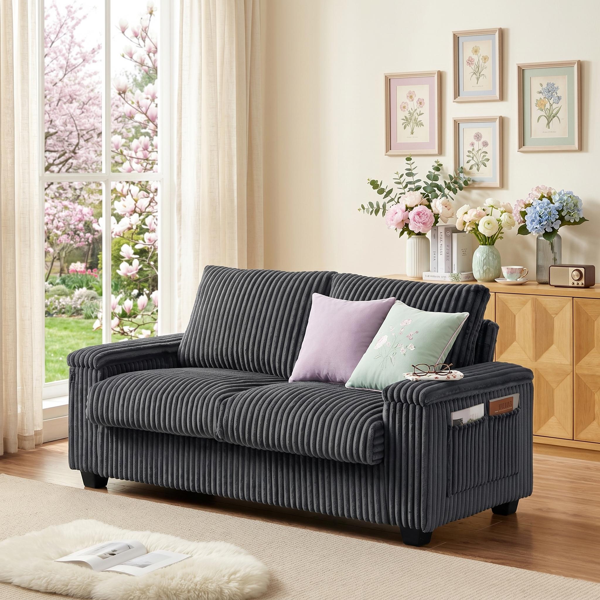 Brooklyn 71" Plush Corduroy Loveseat Sofa with Storage Armrests and USB Port