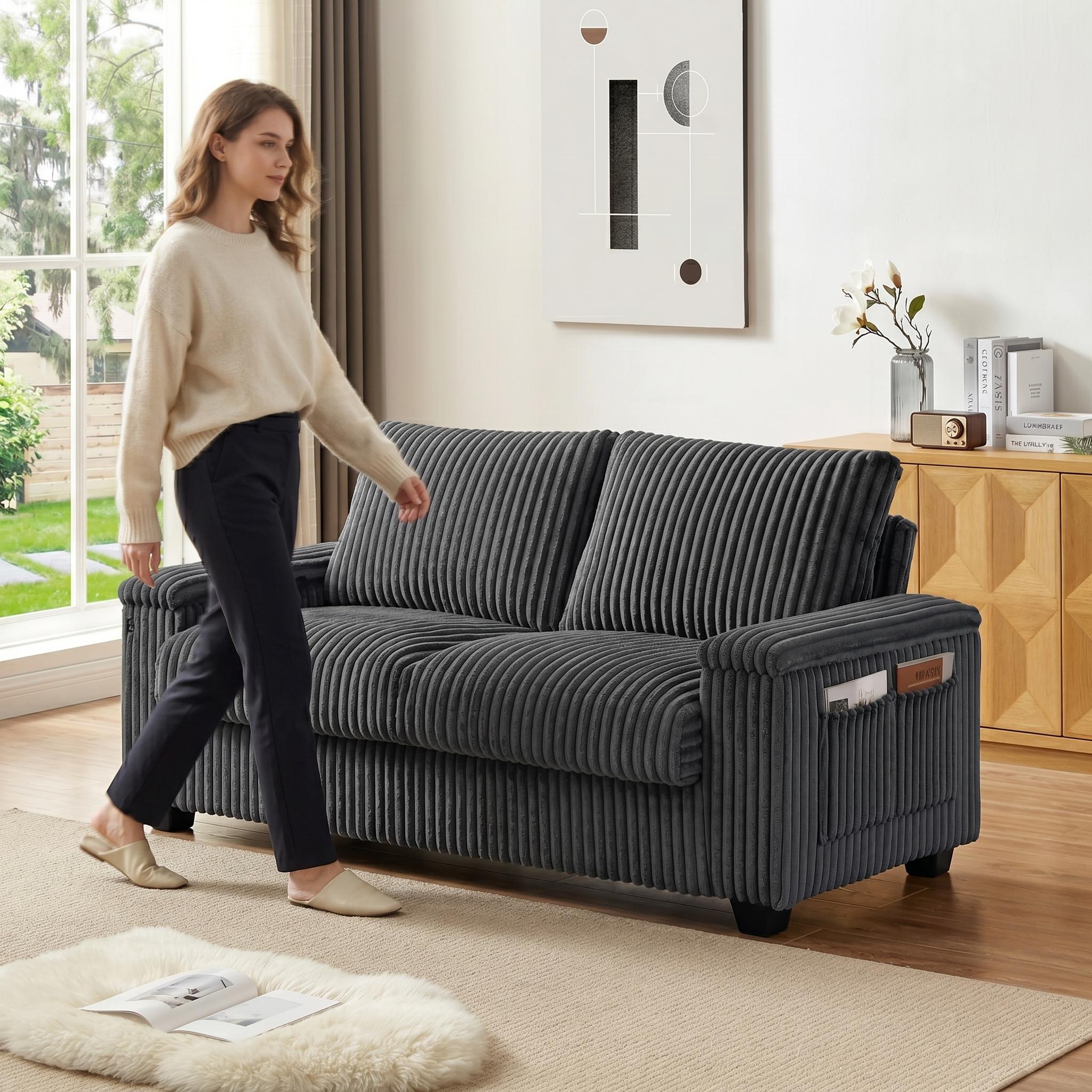 Brooklyn 71" Plush Corduroy Loveseat Sofa with Storage Armrests and USB Port