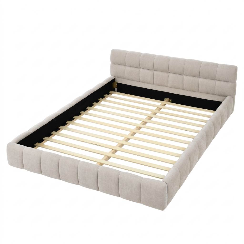 Clara Queen Marshmallow Tufted Floor Bed with Chenille Upholstered Headboard