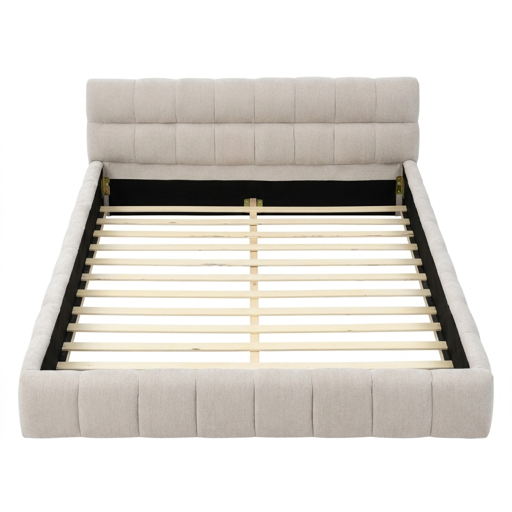 Clara Queen Marshmallow Tufted Floor Bed with Chenille Upholstered Headboard