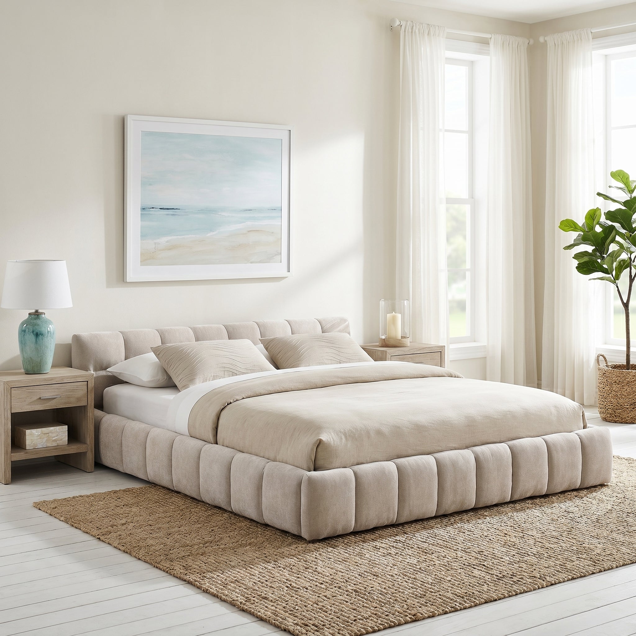Clara Queen Marshmallow Tufted Floor Bed with Chenille Upholstered Headboard