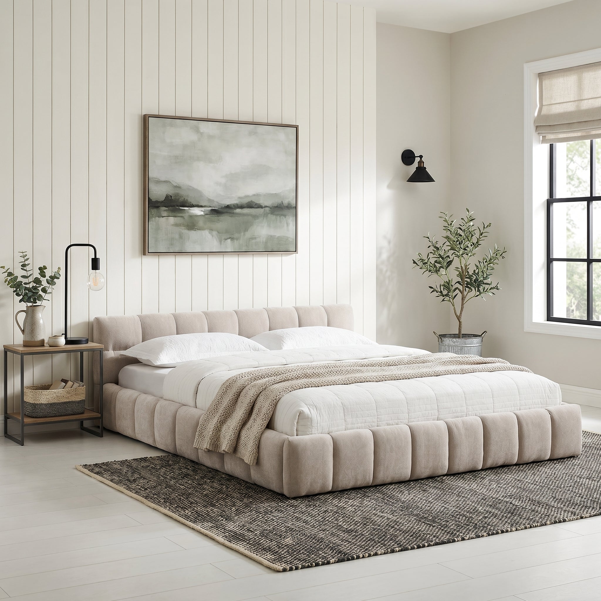 Clara Queen Marshmallow Tufted Floor Bed with Chenille Upholstered Headboard