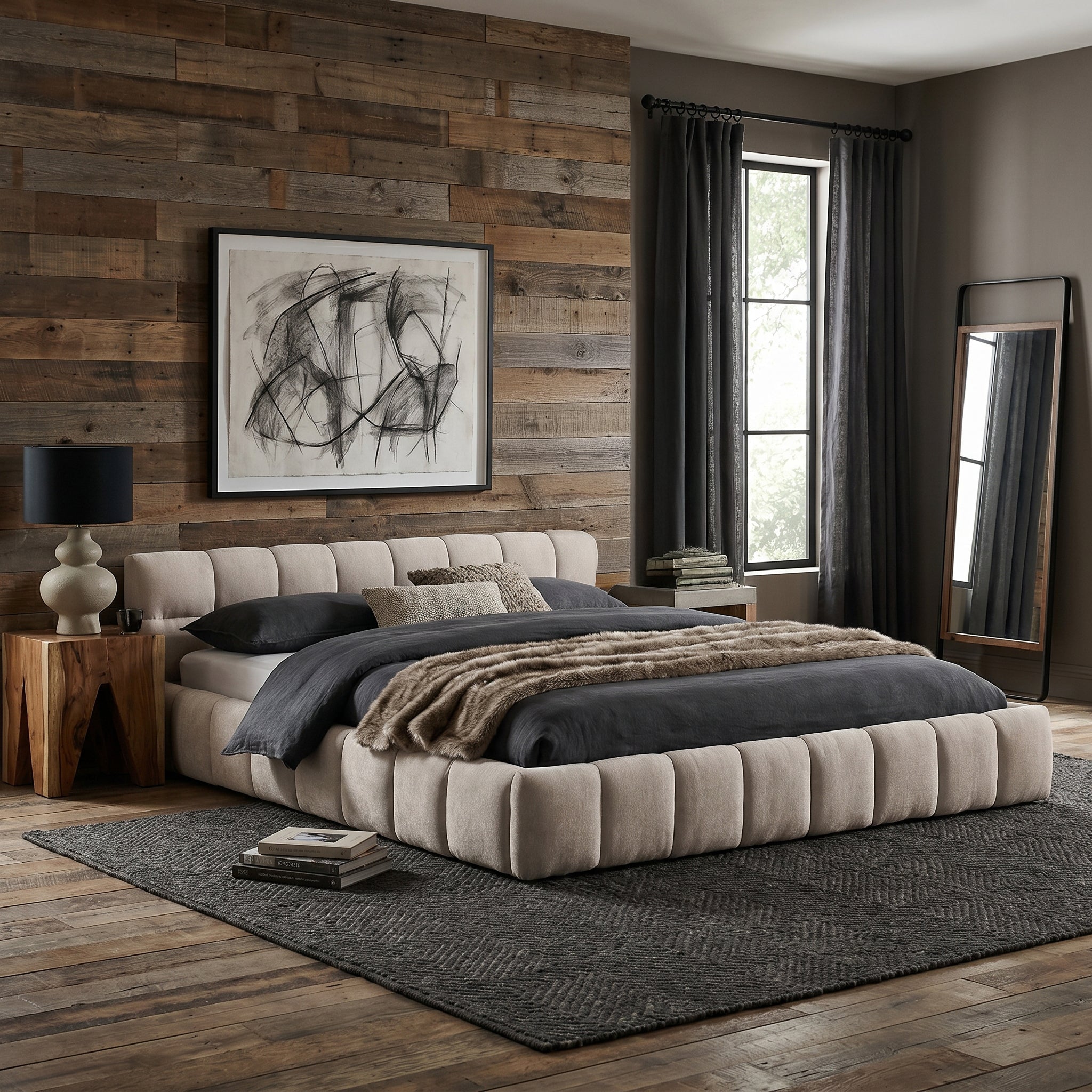 Clara Queen Marshmallow Tufted Floor Bed with Chenille Upholstered Headboard