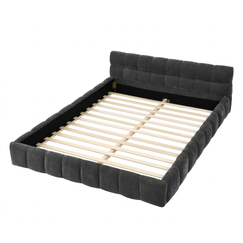 Clara Queen Marshmallow Tufted Floor Bed with Chenille Upholstered Headboard