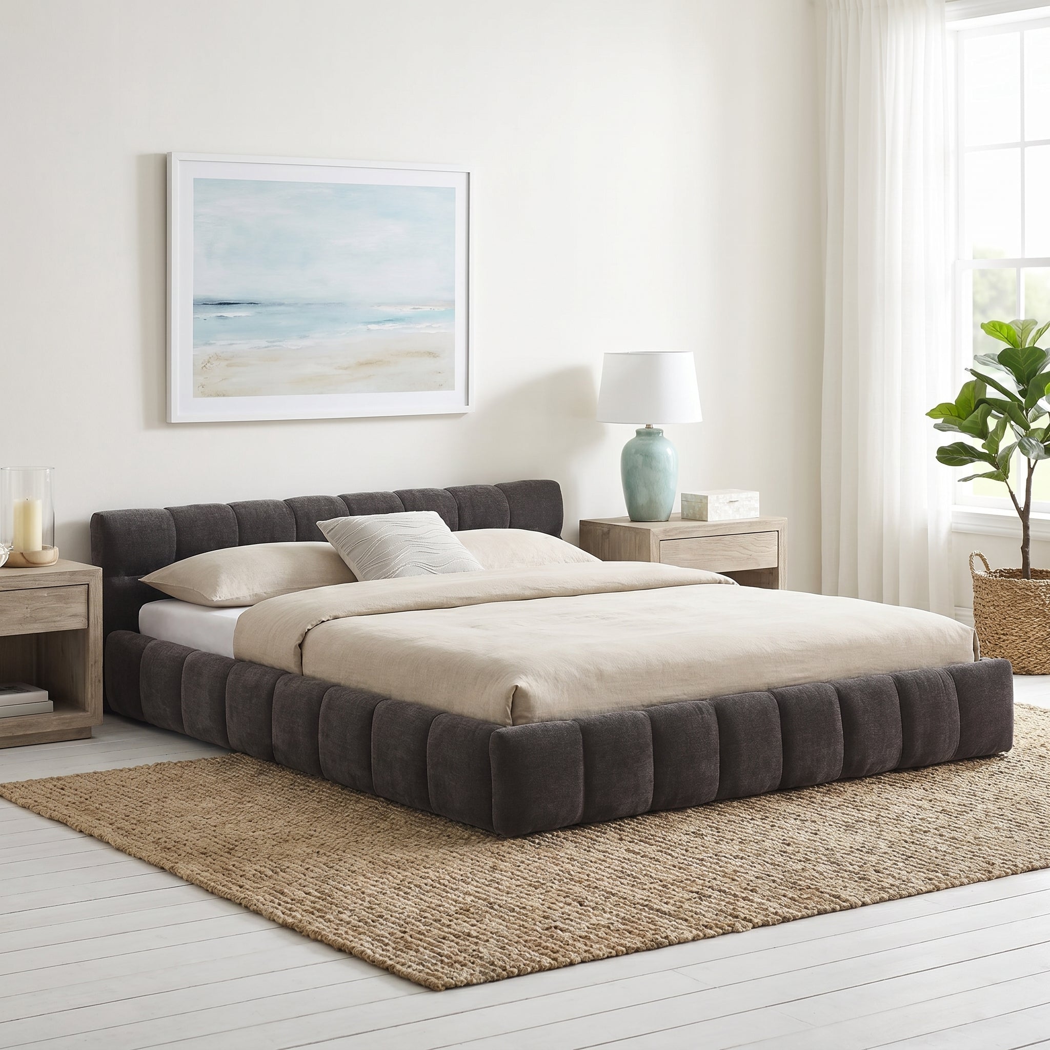 Clara Queen Marshmallow Tufted Floor Bed with Chenille Upholstered Headboard