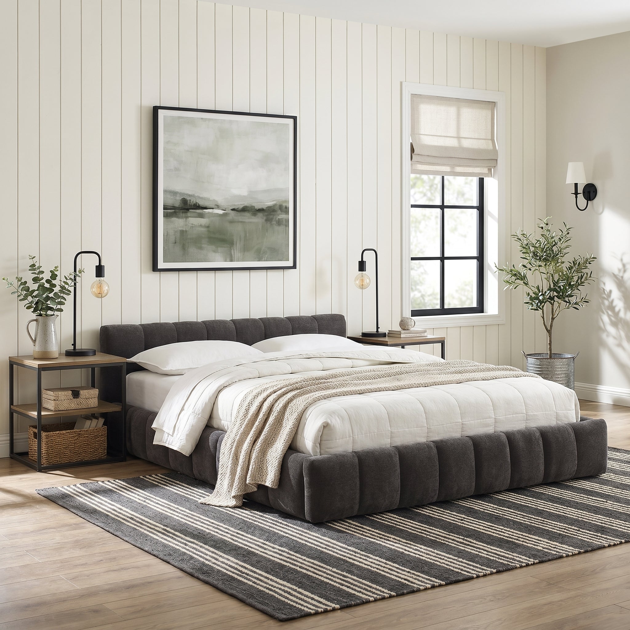 Clara Queen Marshmallow Tufted Floor Bed with Chenille Upholstered Headboard