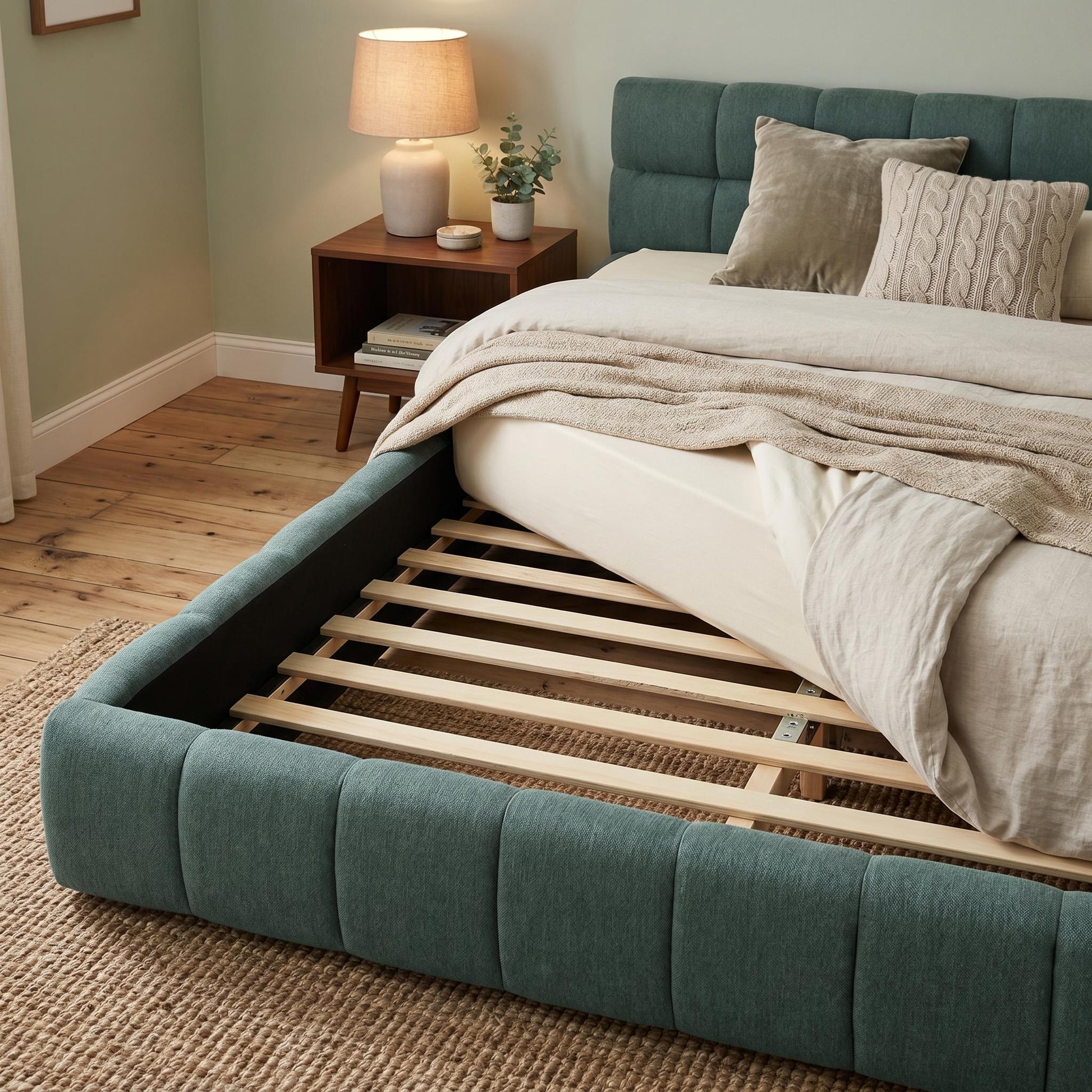 Bedroom with a teal upholstered bed and wooden slatted base.