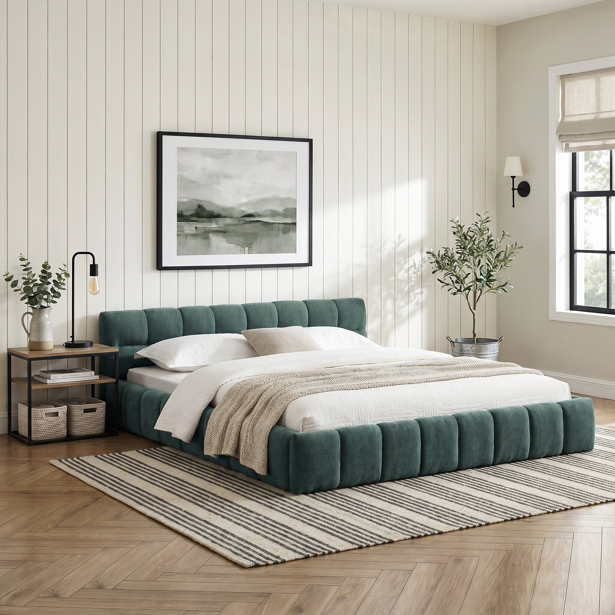 Clara Queen Marshmallow Tufted Floor Bed with Chenille Upholstered Headboard