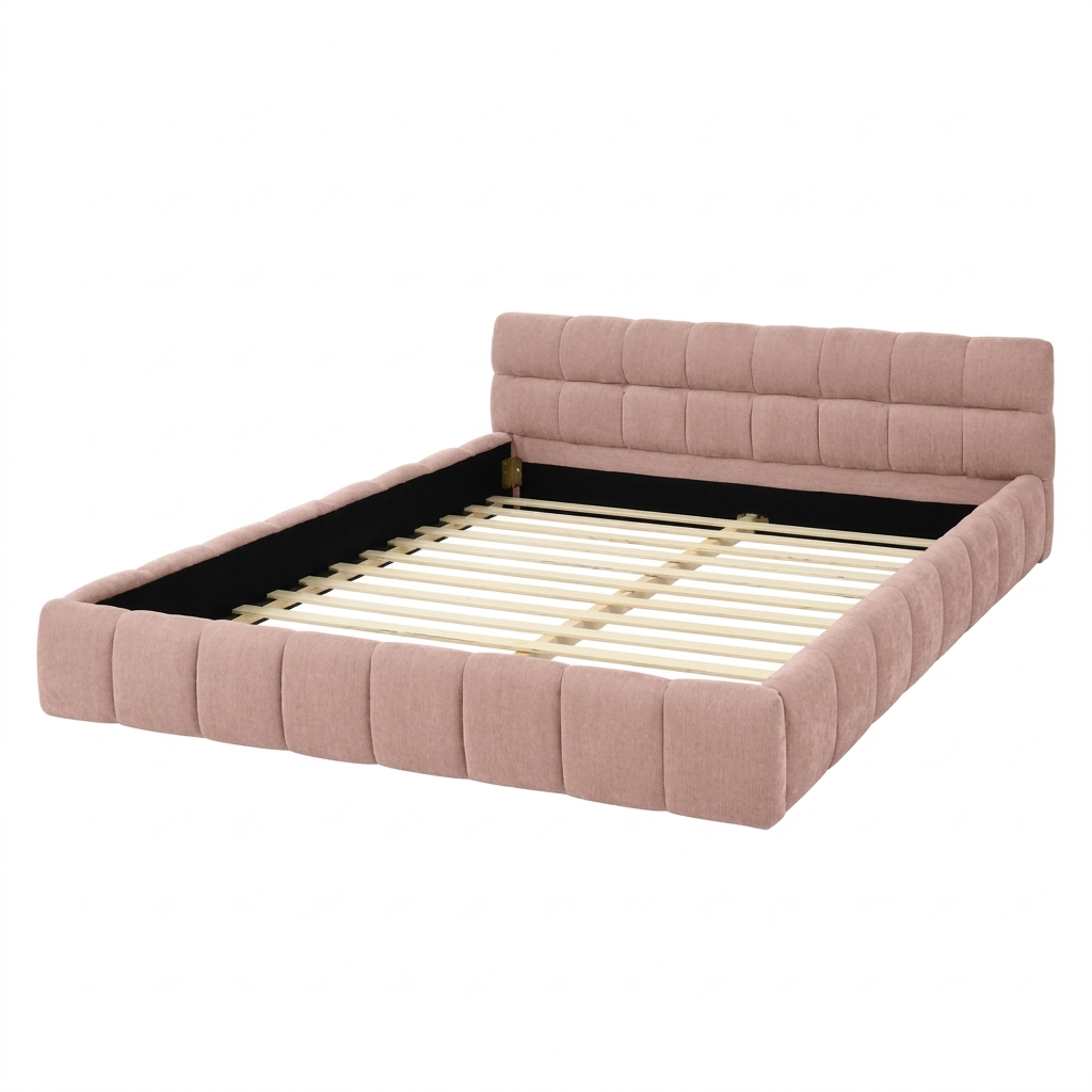 Clara Queen Marshmallow Tufted Floor Bed with Chenille Upholstered Headboard