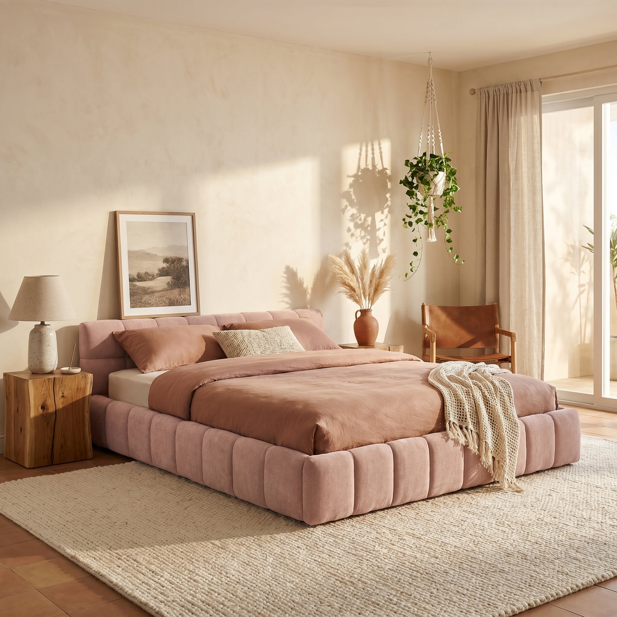 Clara Queen Marshmallow Tufted Floor Bed with Chenille Upholstered Headboard