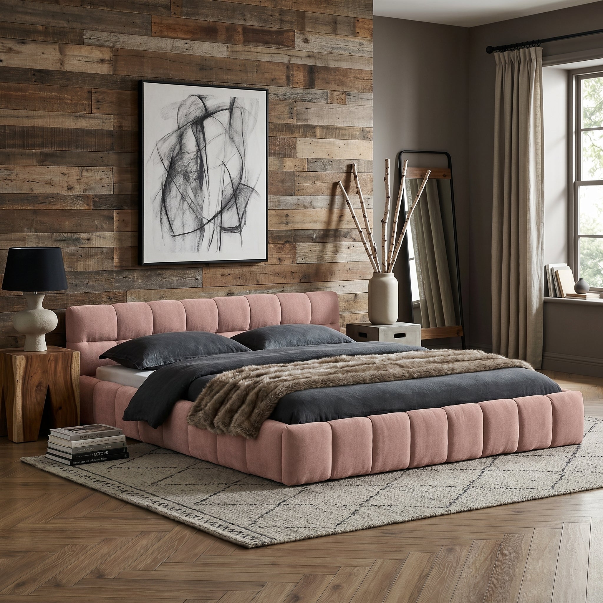 Clara Queen Marshmallow Tufted Floor Bed with Chenille Upholstered Headboard