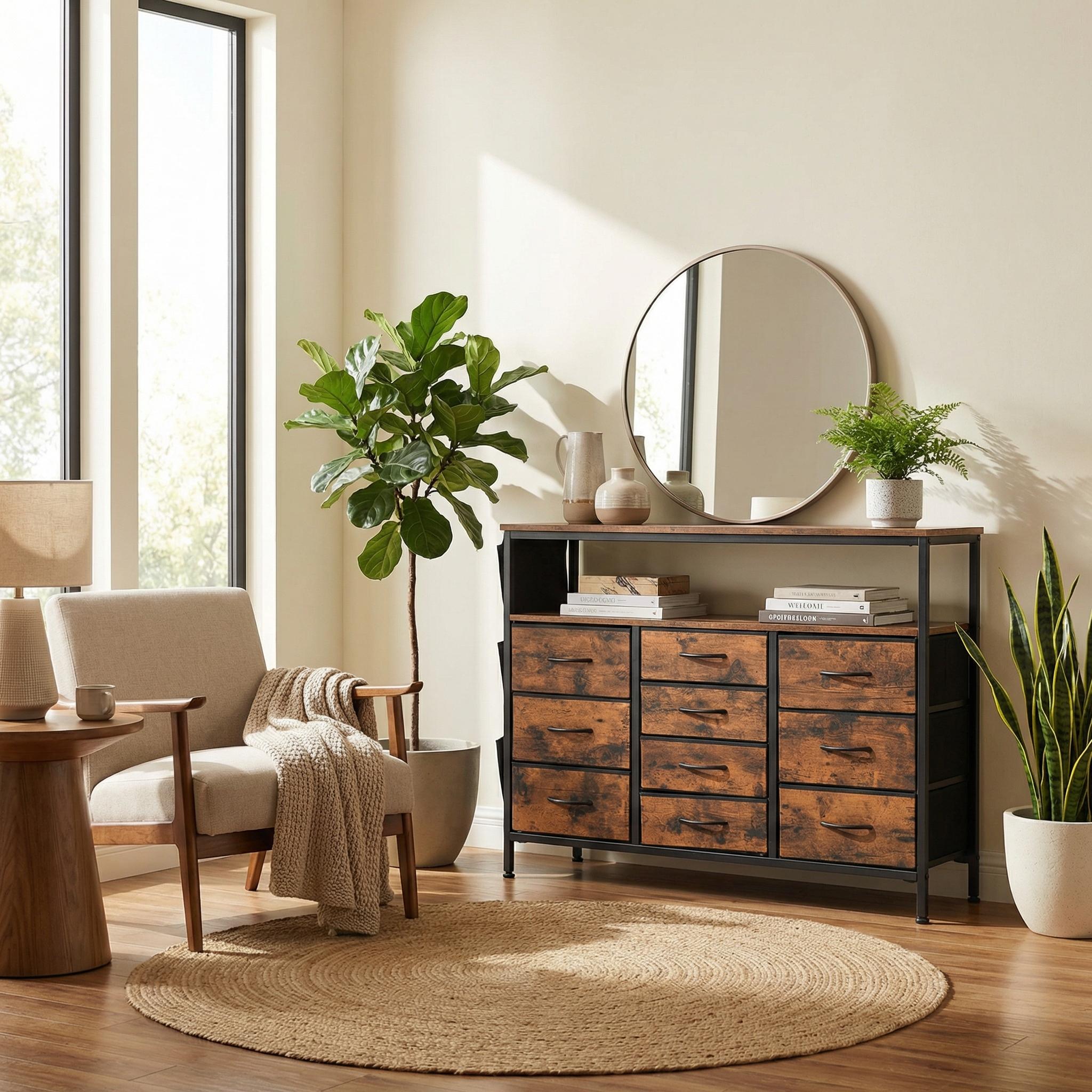 Homy Casa Clay Crimson 43” Modern Storage Cabinet with 10 Drawers and USB Charging Station