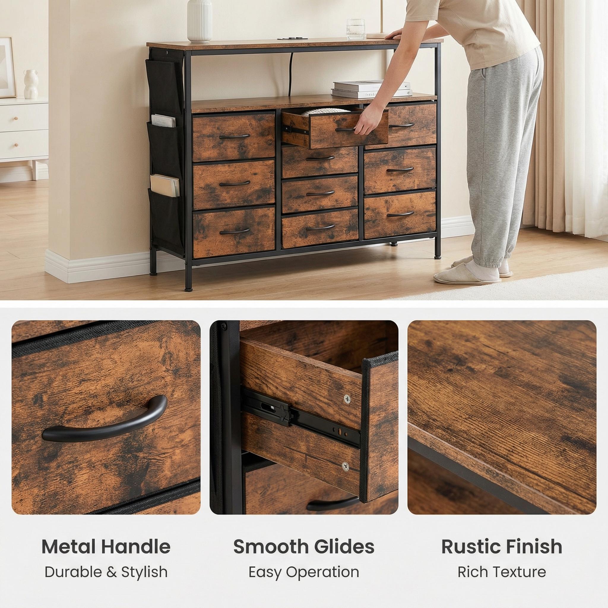 Homy Casa Clay Crimson 43” Modern Storage Cabinet with 10 Drawers and USB Charging Station