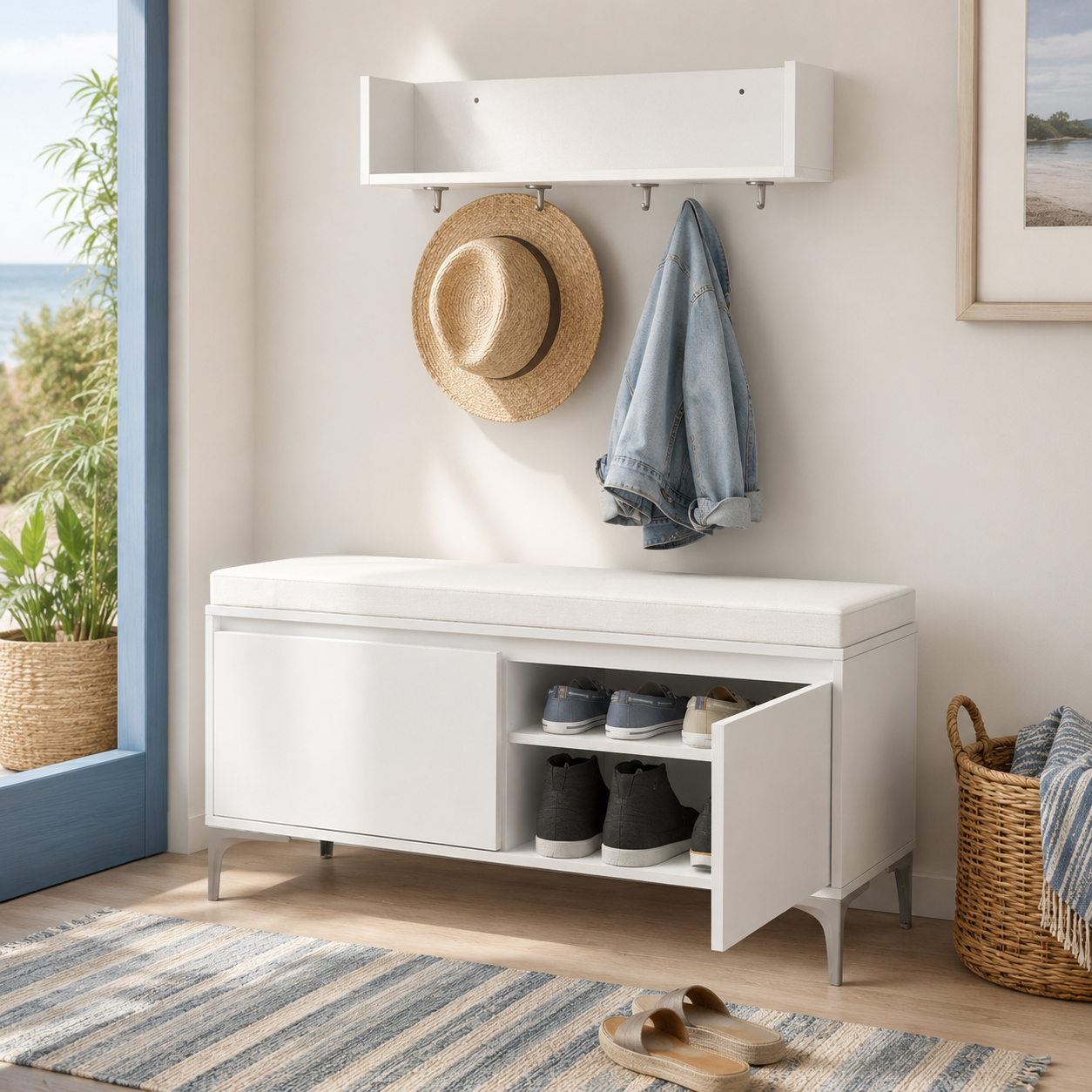 Cloakwell 39" Entryway Bench and Wall Shelf Set with Cushioned Seat