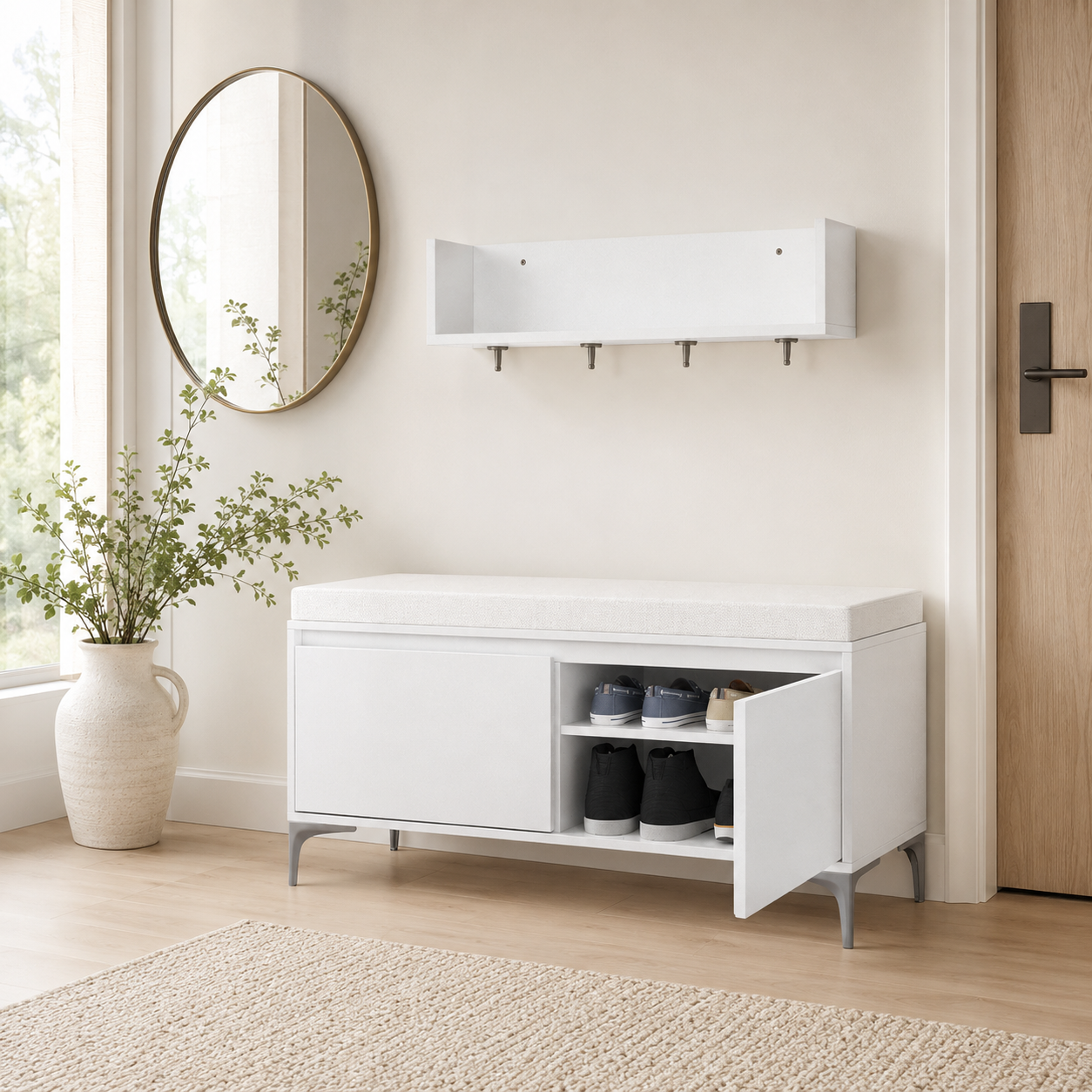 Cloakwell 39" Entryway Bench and Wall Shelf Set with Cushioned Seat