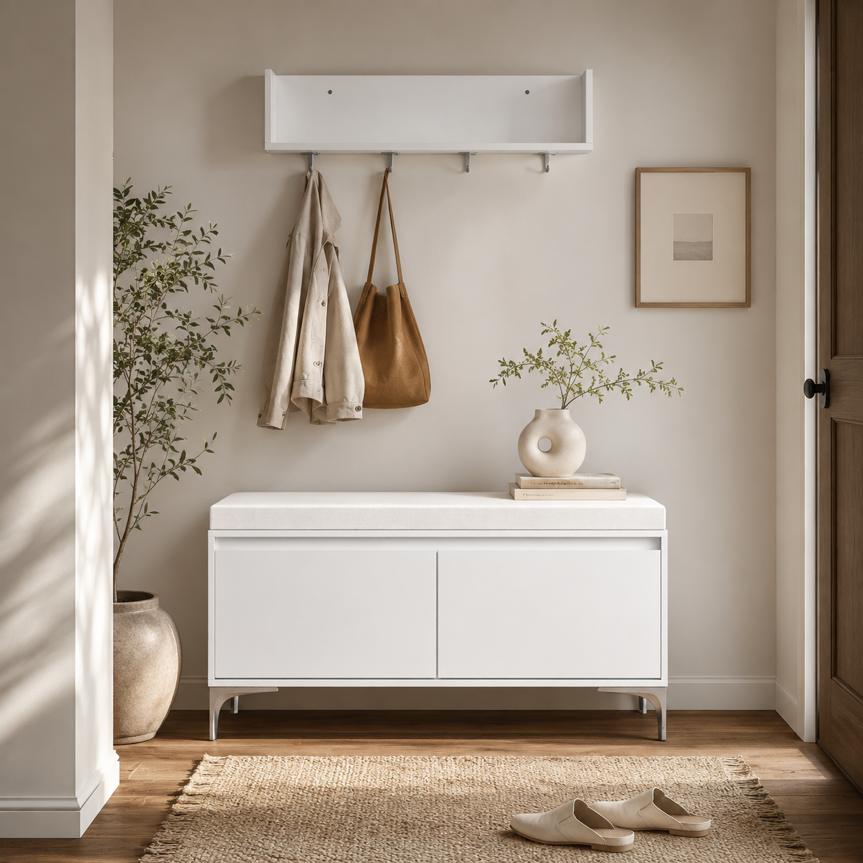 Cloakwell 39" Entryway Bench and Wall Shelf Set with Cushioned Seat