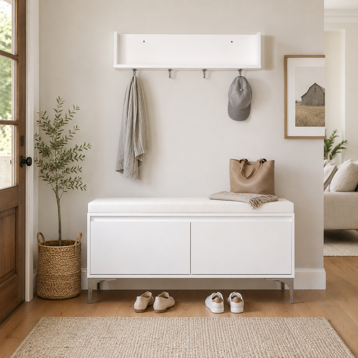 Cloakwell 39" Entryway Bench and Wall Shelf Set with Cushioned Seat