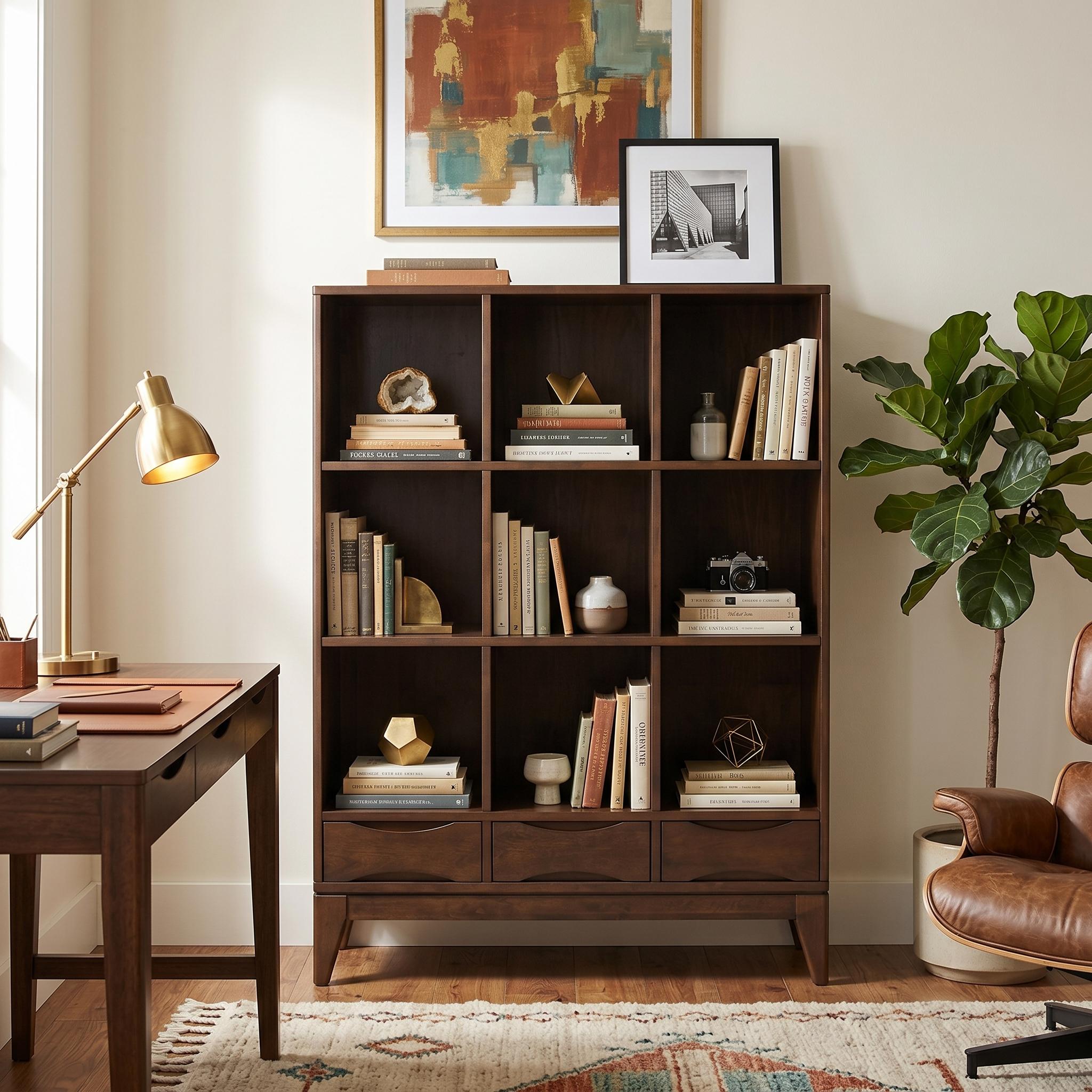 Coda 58" Solid Wood Mid-Century Cube Bookcase with 3 Drawers