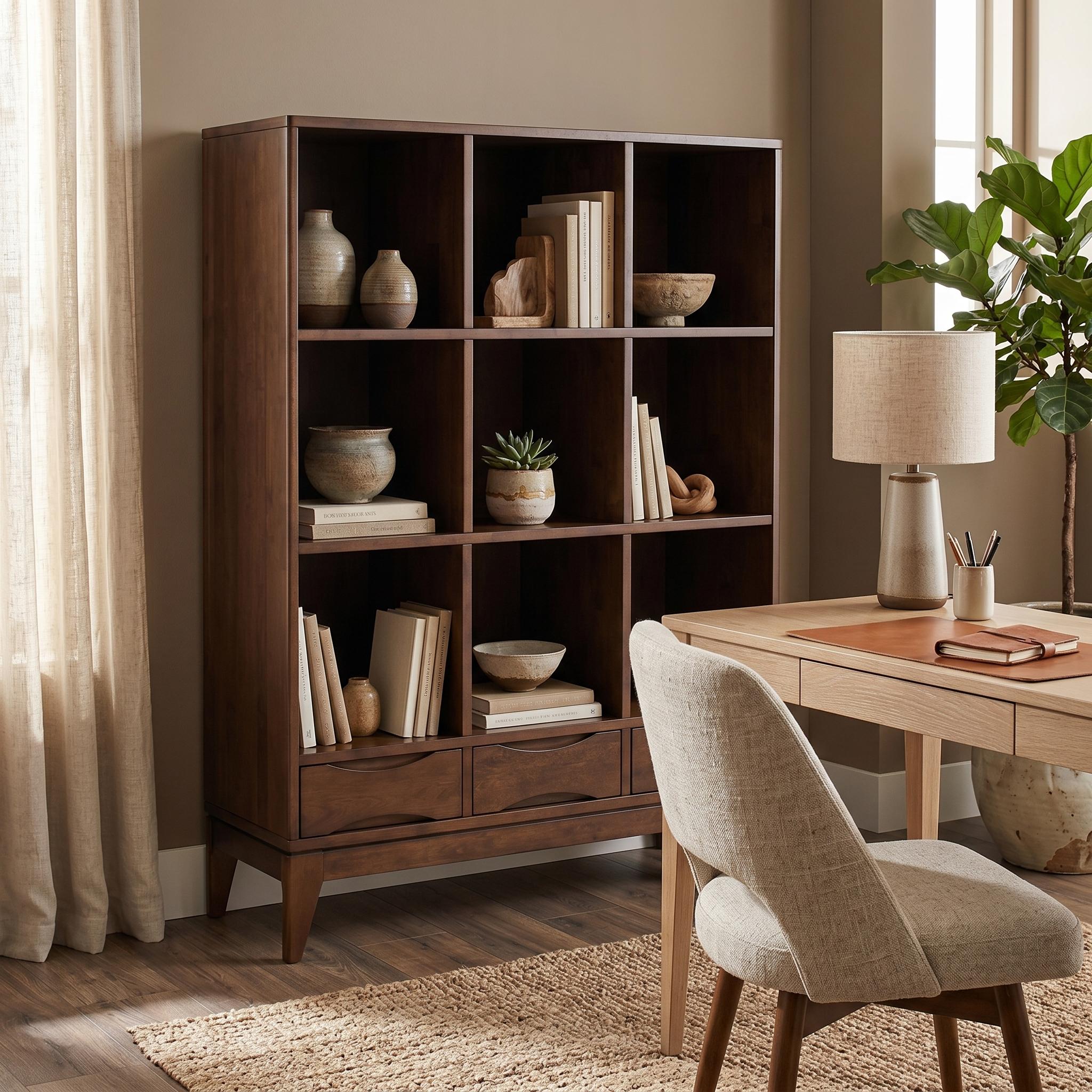 Coda 58" Solid Wood Mid-Century Cube Bookcase with 3 Drawers