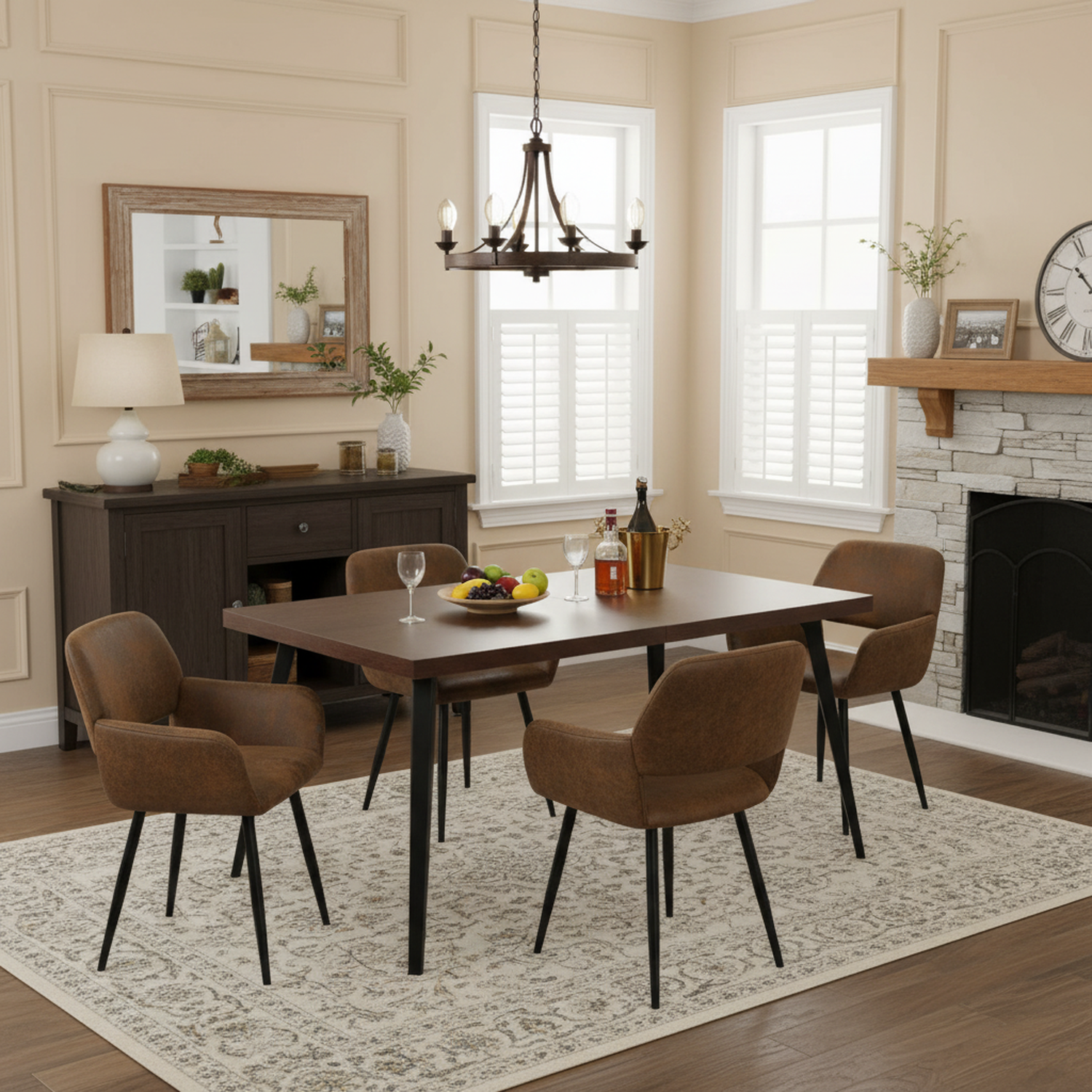 Stan 5 Piece Walnut & Mayfair Upholstered Dining Set, Suede Brown