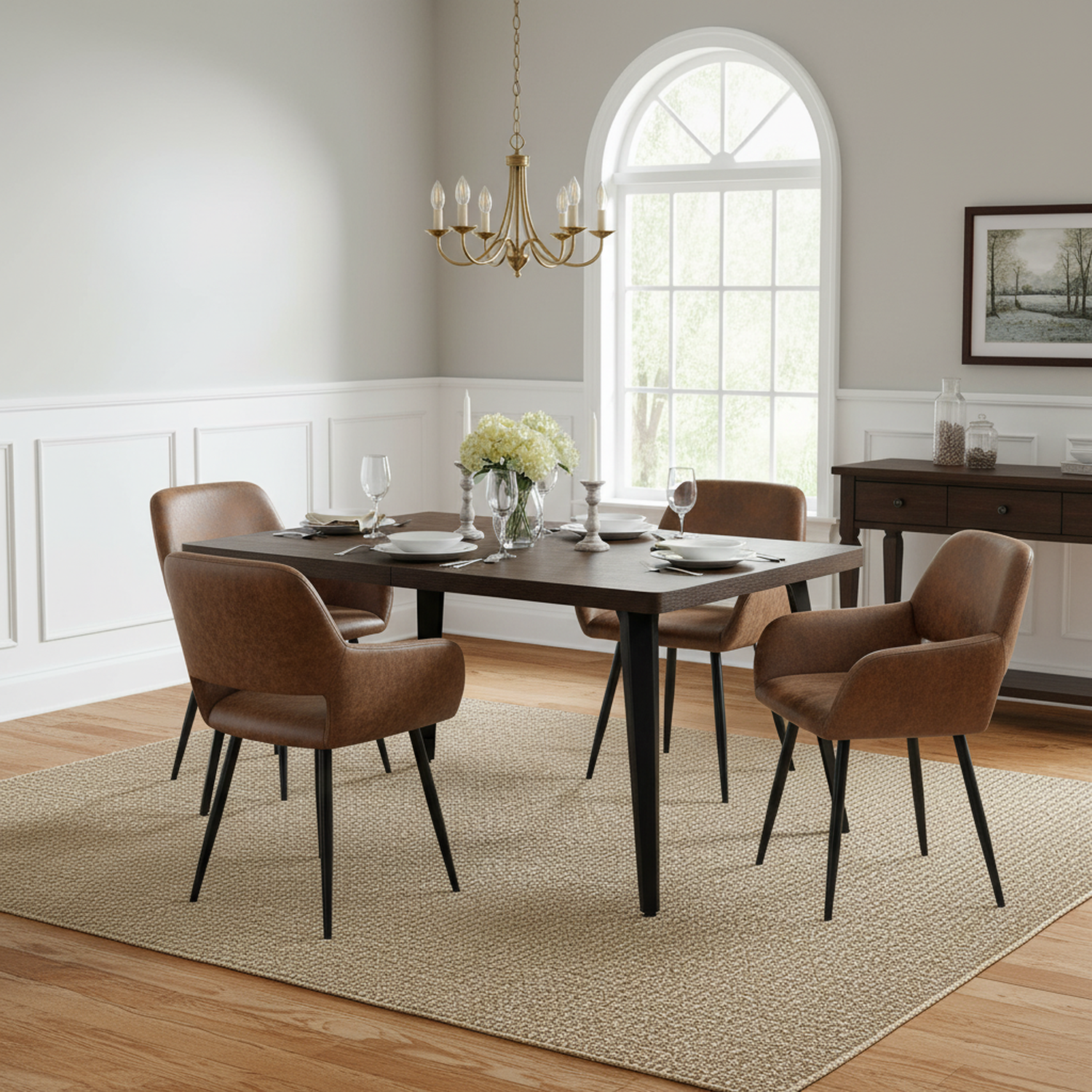 Stan 5 Piece Walnut & Mayfair Upholstered Dining Set, Suede Brown