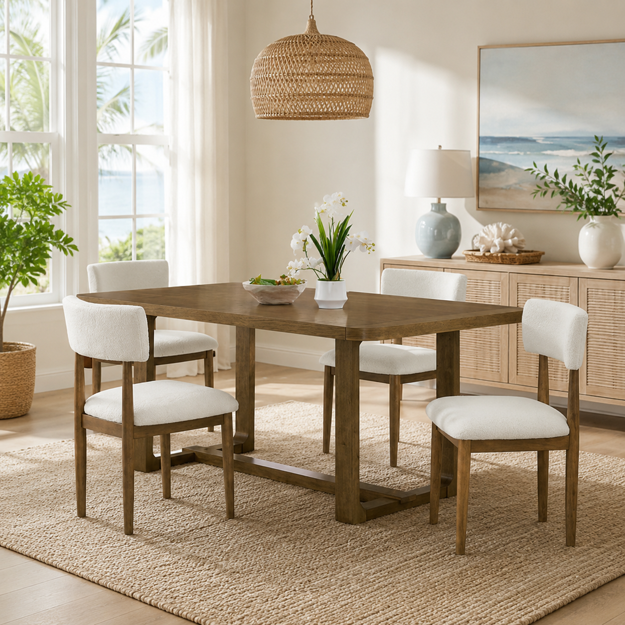 Cordillera 5-Piece 72" Wood Dining Table Set with Sherpa Upholstered Chairs
