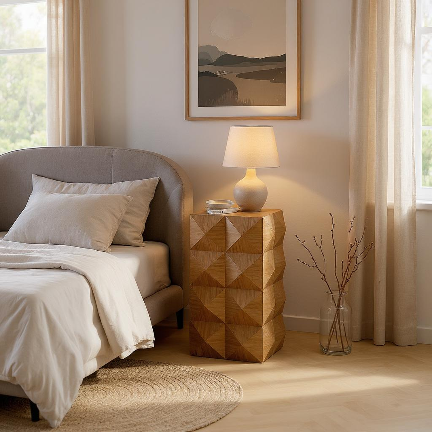Crema Modern Geometric Wood Side Table Natural End Table