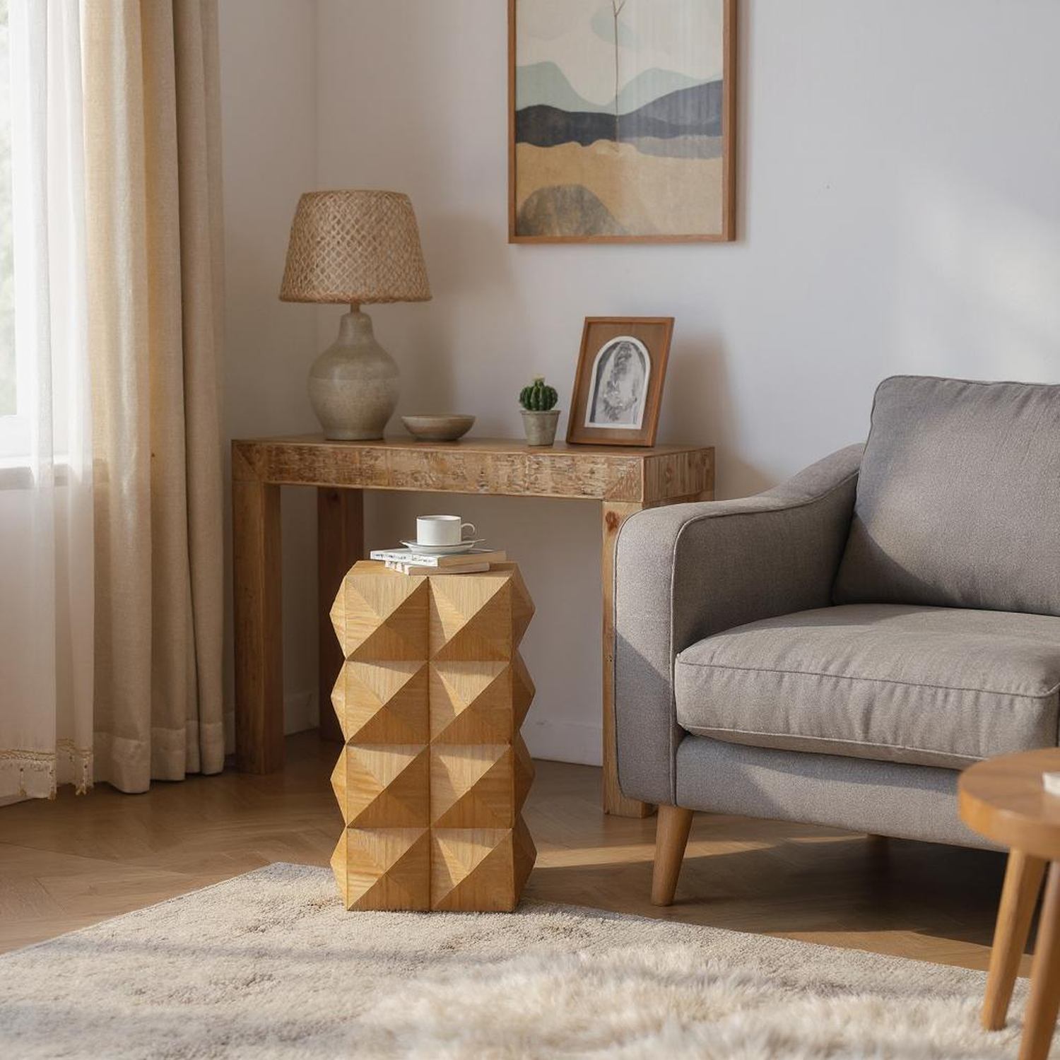 Crema Modern Geometric Wood Side Table Natural End Table