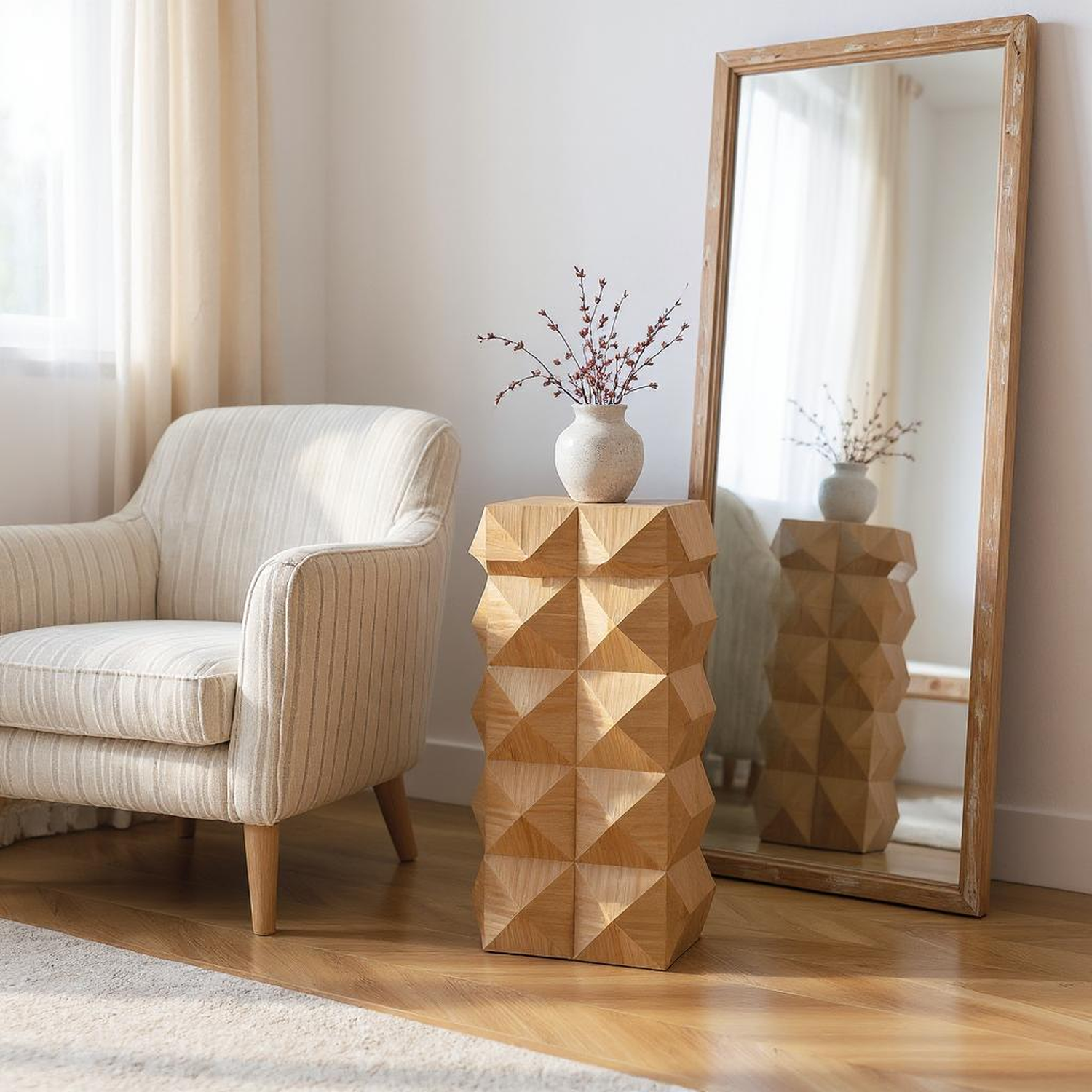 Crema Modern Geometric Wood Side Table Natural End Table
