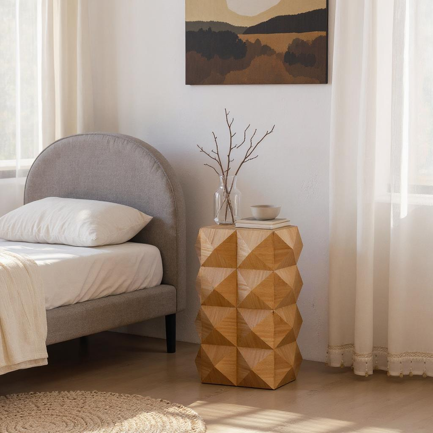 Crema Modern Geometric Wood Side Table Natural End Table