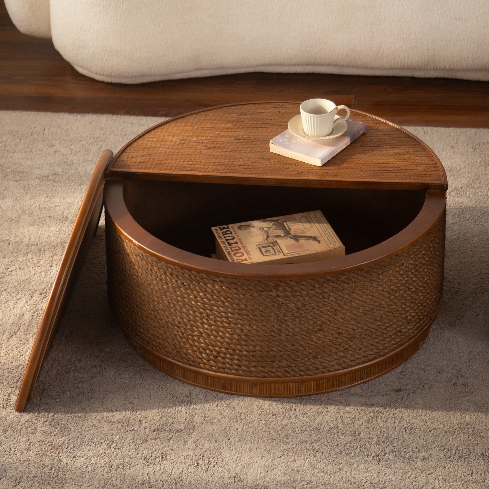 Cremona 31.5" Round Woven Coffee Table with Hidden Storage